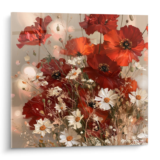 Coquelicots rouges et marguerites blanches en bouquet dense, fond beige lumineux flouté