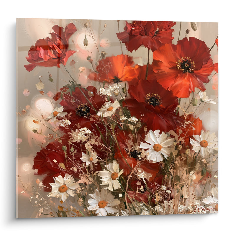 Tableau Bouquet champêtre rouge et blanc lumineux - Cueillette d'été - Edition Coquelicot