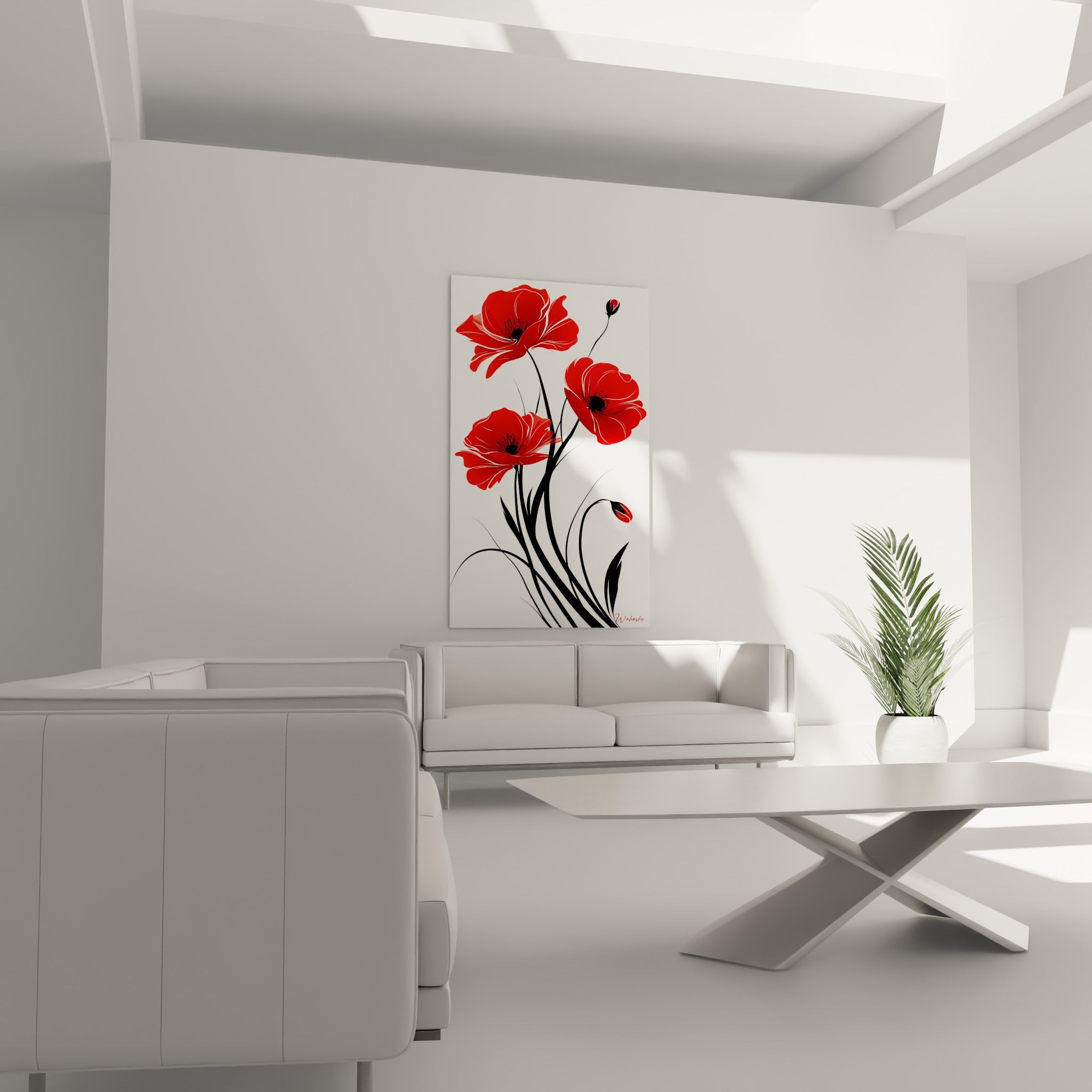 Bouquet de coquelicots rouge vif et noir profond suspendu au-dessus d'un canapé dans un salon lumineux