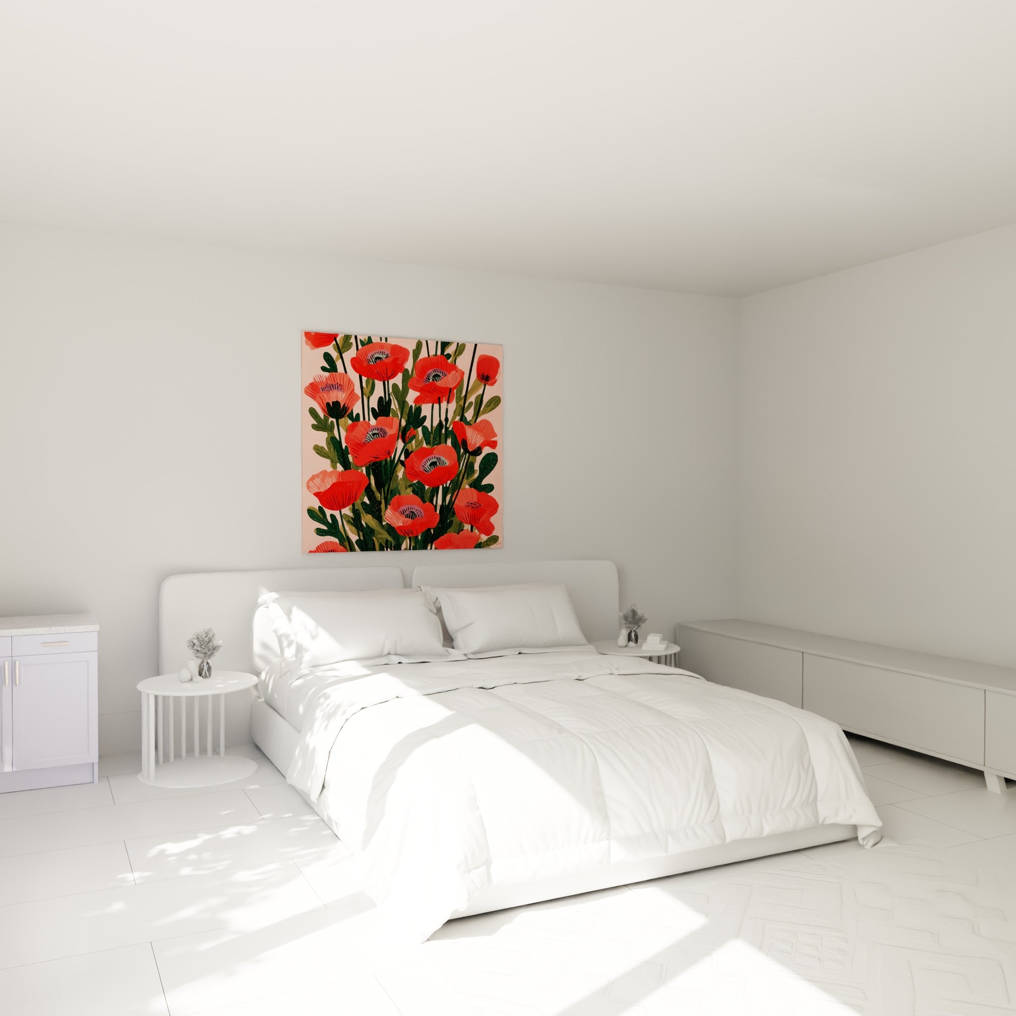 Bouquet dense de coquelicots rouges et feuillage vert olive au-dessus d'un lit dans une chambre claire