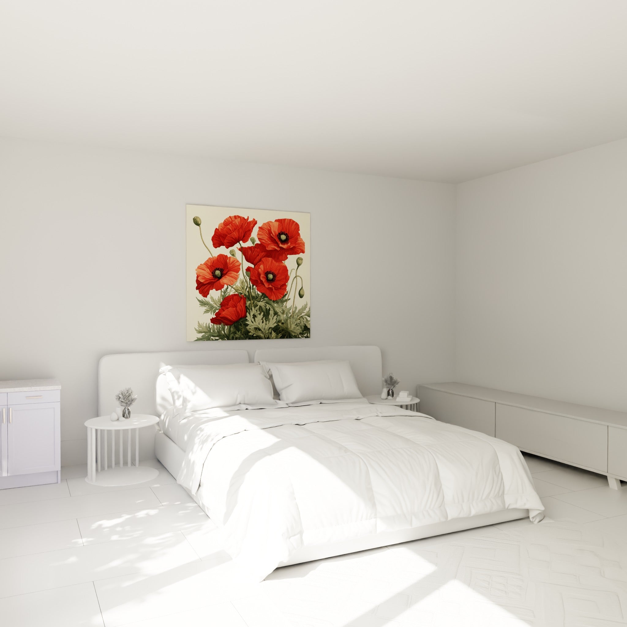 Bouquet de coquelicots rouges et vert sauge peint finement, accroché au-dessus d'un lit dans une chambre claire
