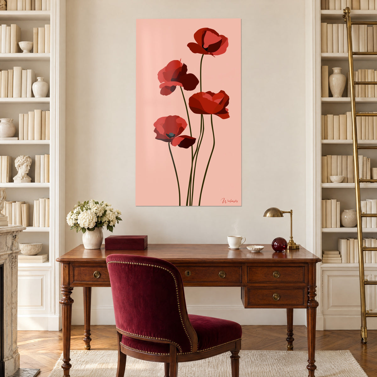 Quadro di papaveri grafici rosso mattone sfaccettati, steli verde-bruno ondulati, sfondo rosa, tra due librerie bianche di uno studio