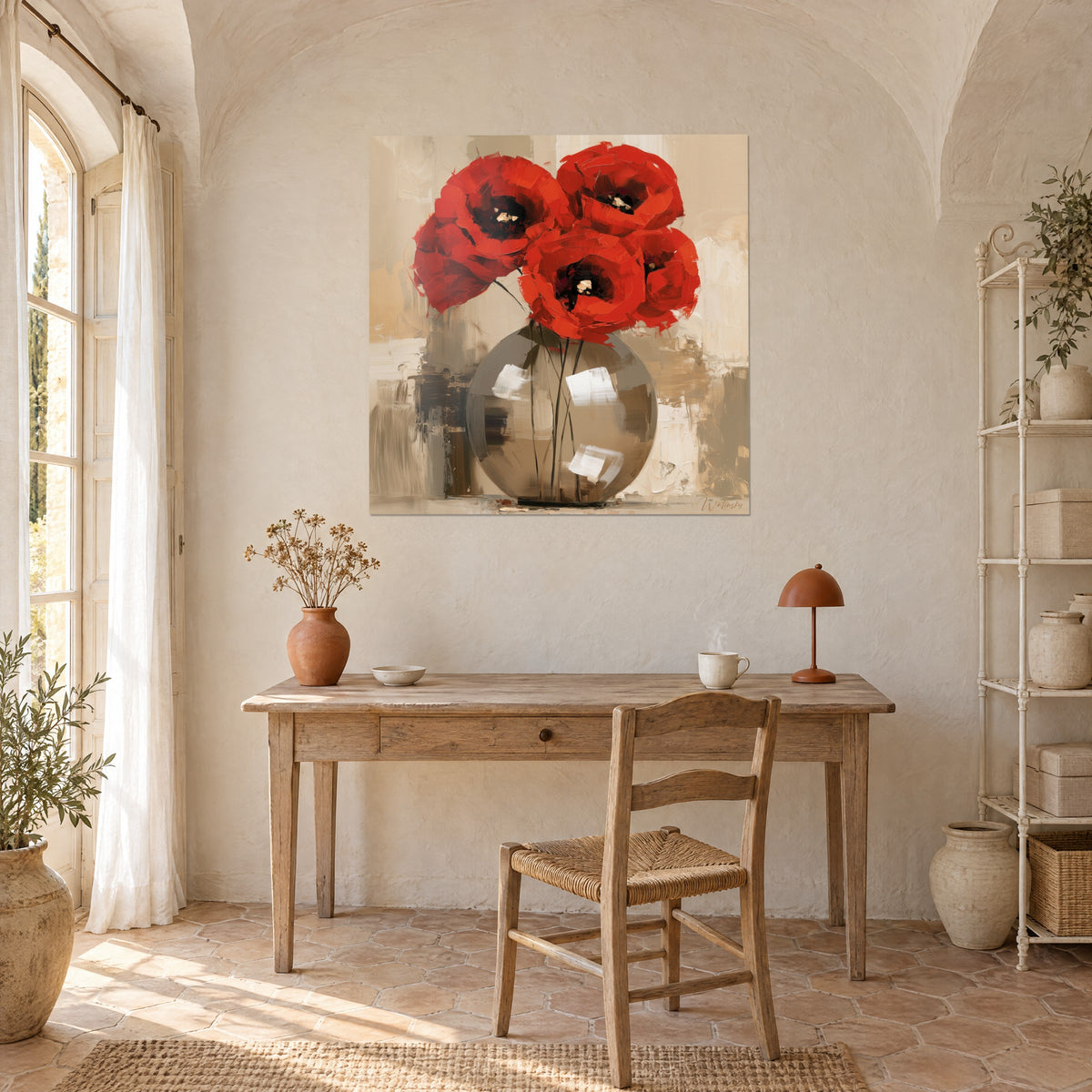 Cuadro amapolas radiantes en rojo y negro sobre fondo beige texturizado, jarrón redondo ámbar, sobre un escritorio de madera clara