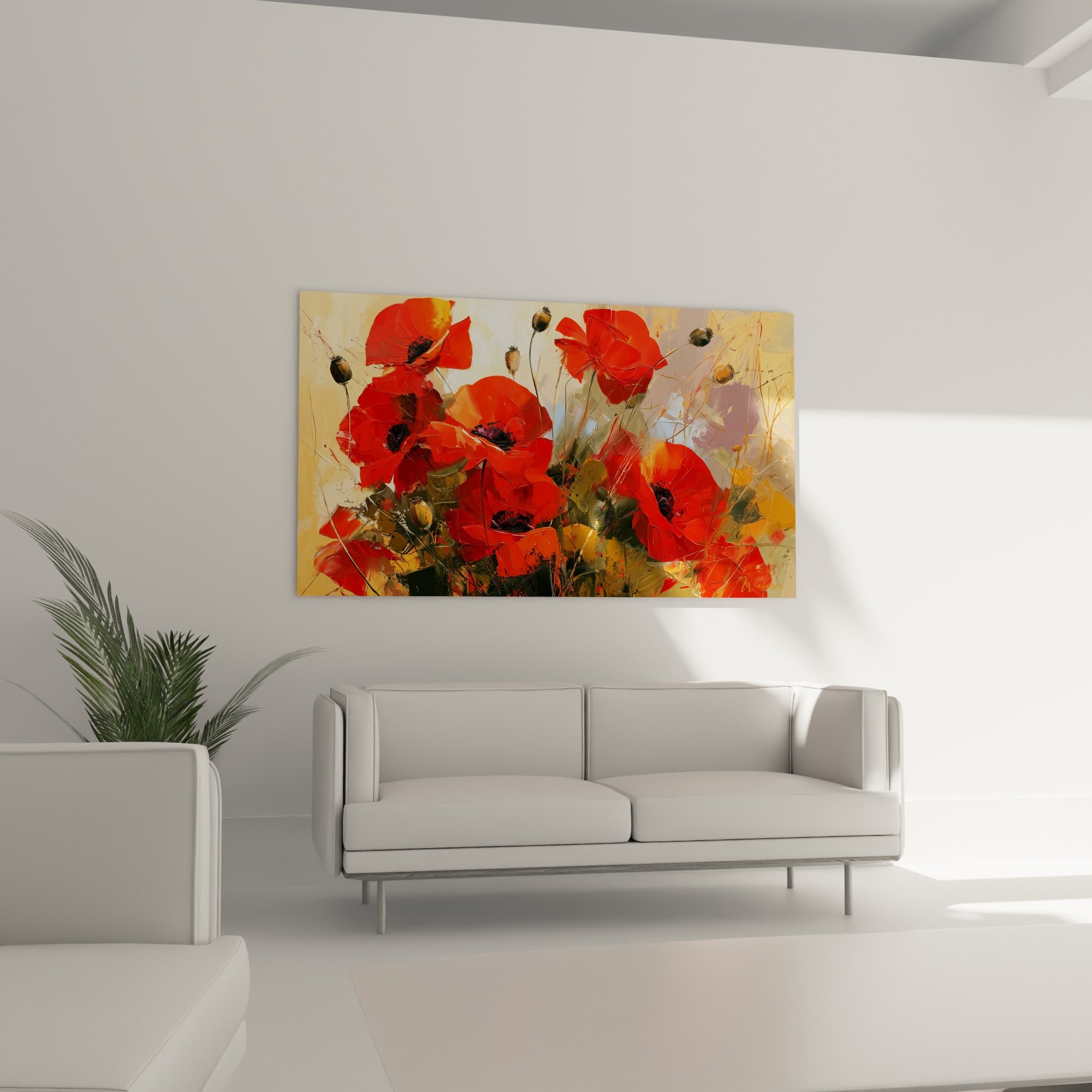 Fleurs de coquelicot rouge et capsules brunes suspendues au-dessus d'un canapé dans un salon lumineux