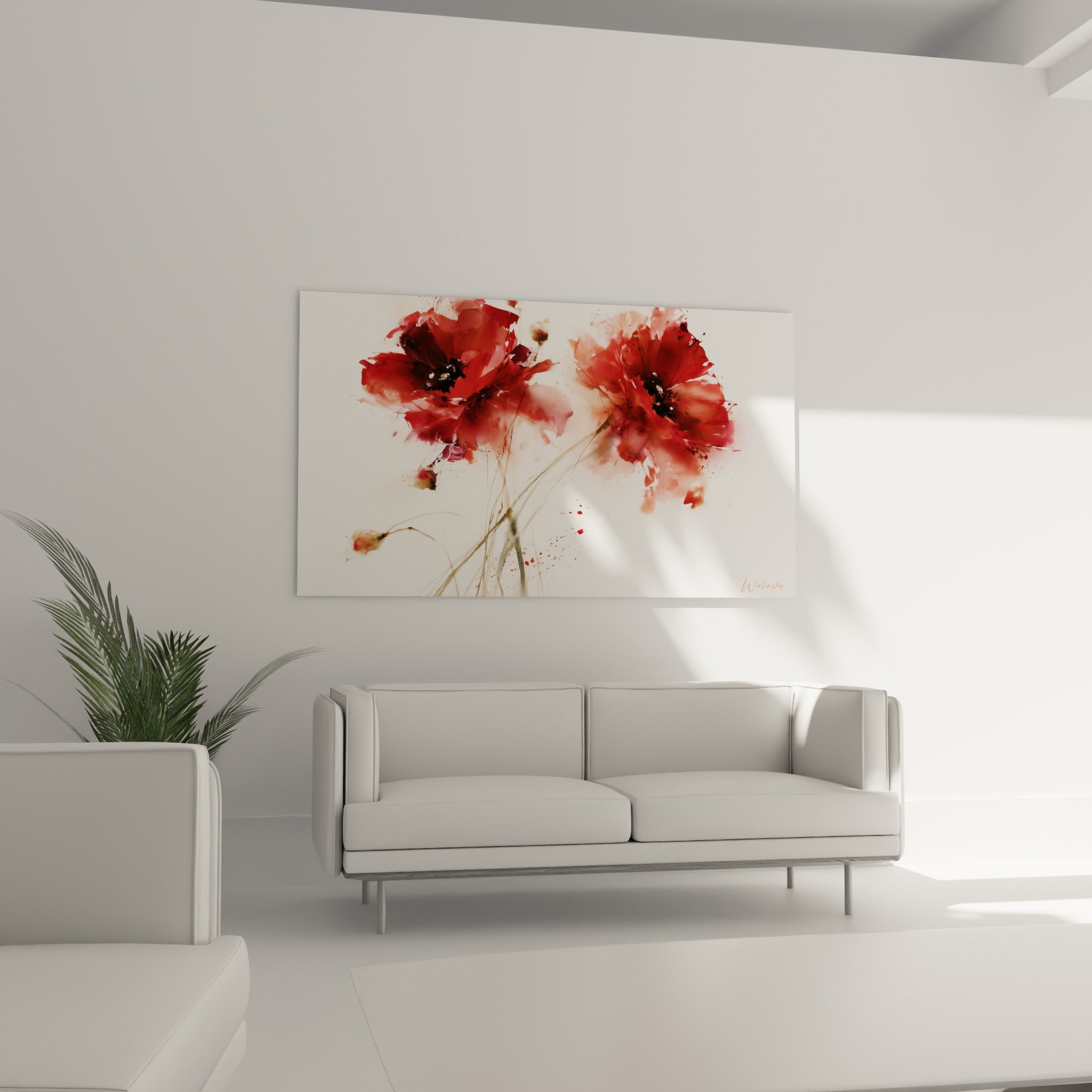 Fleurs de coquelicot rouge carmin et cœur anthracite, tiges brunes en mouvement, au-dessus d'un canapé dans un salon lumineux