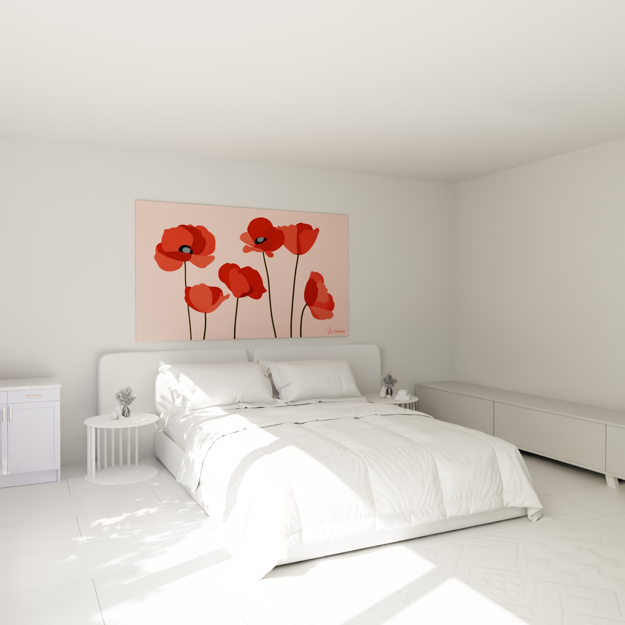 Coquelicots rouge vif au cœur gris accrochés au-dessus d'un lit dans une chambre claire