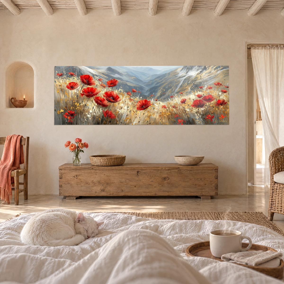 Wall art of vermilion poppy flowers in golden grass, blue-grey ridges, white cat on the bed, above a bed in a bright bedroom
