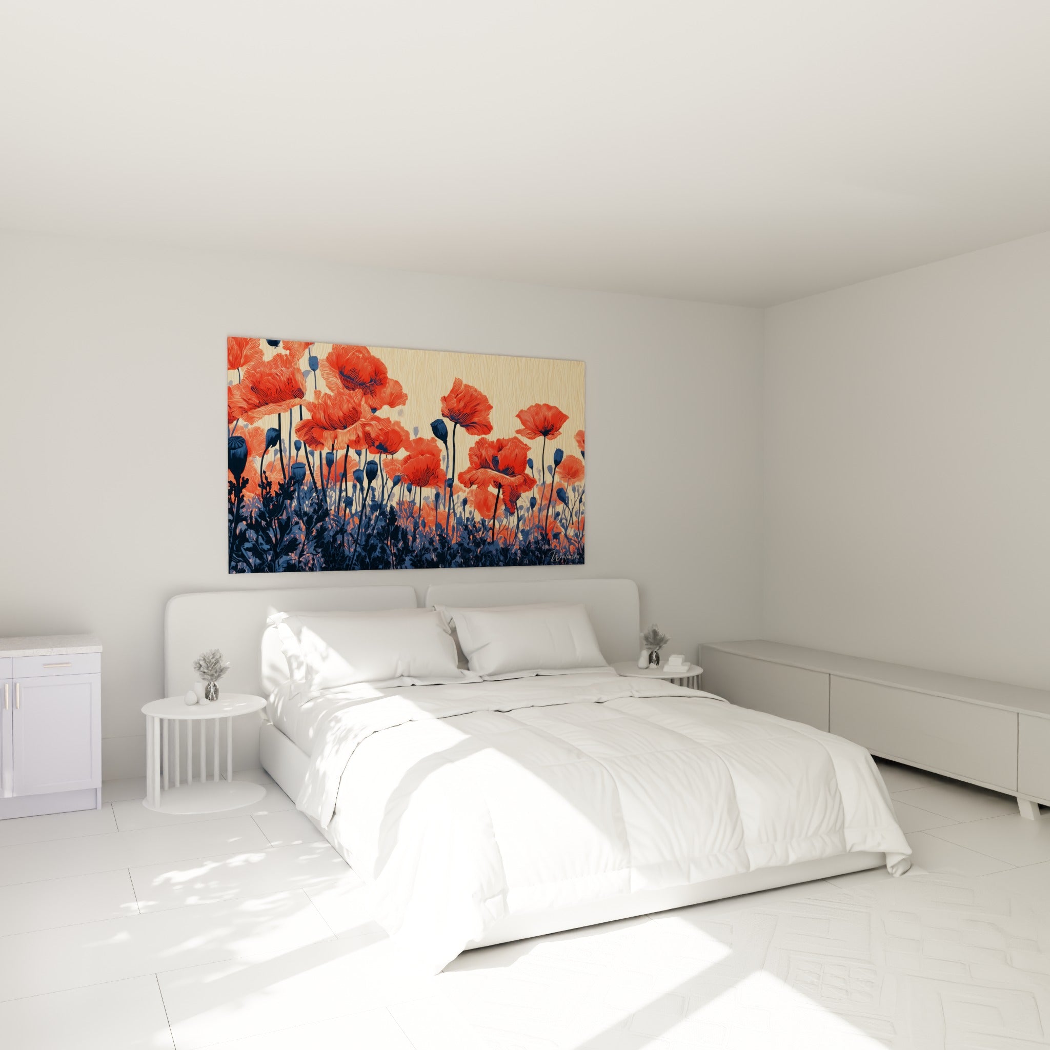 Fleurs de coquelicot rouge et bleu marine surplombent un lit dans une chambre claire