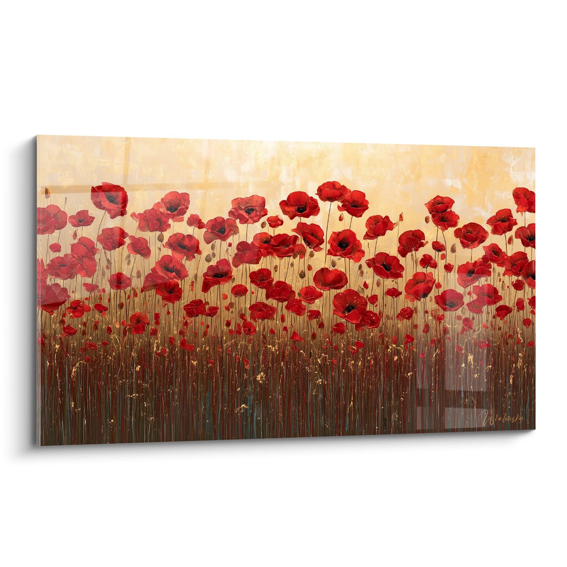 Coquelicots rouges en champ dense sur fond ocre et doré, peinture texturée aux tiges brunes