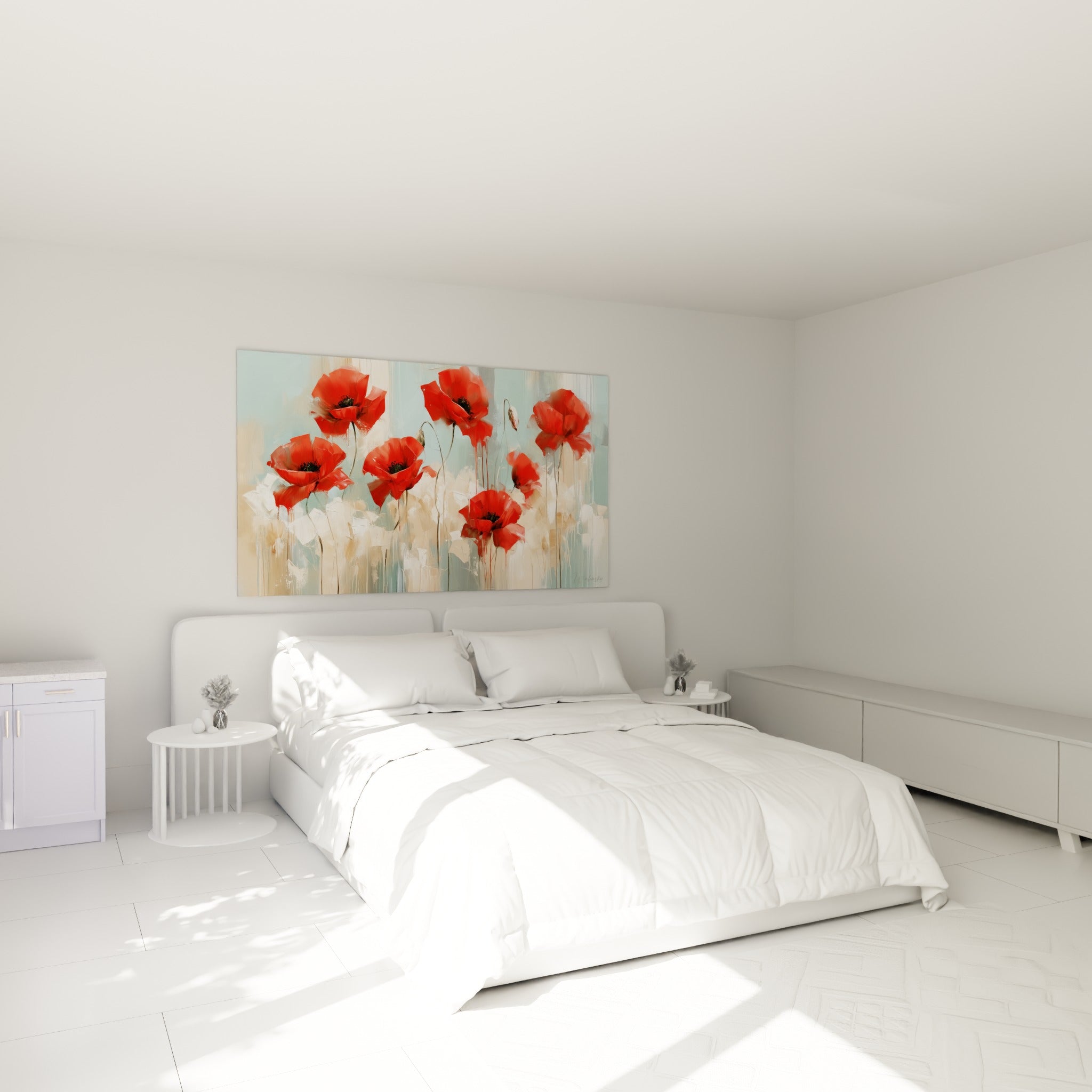 Bouquet de coquelicots rouges et beiges peints avec relief, accroché au-dessus d'un lit dans une chambre claire