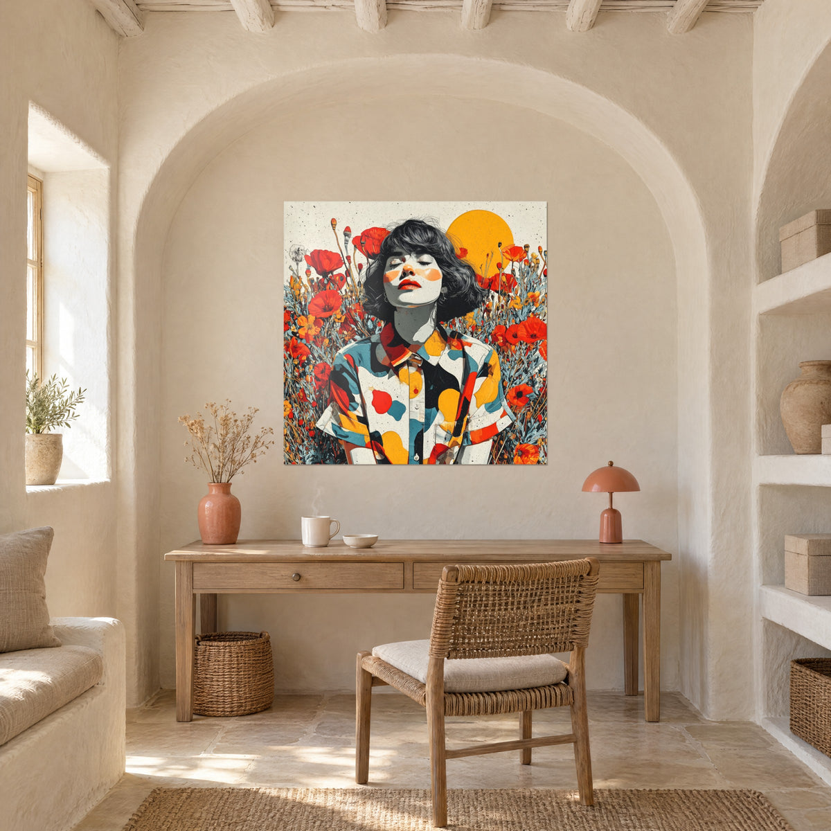 Wall art dreamy woman in a colourful shirt against scarlet poppies and yellow sun, in an office under a white arch