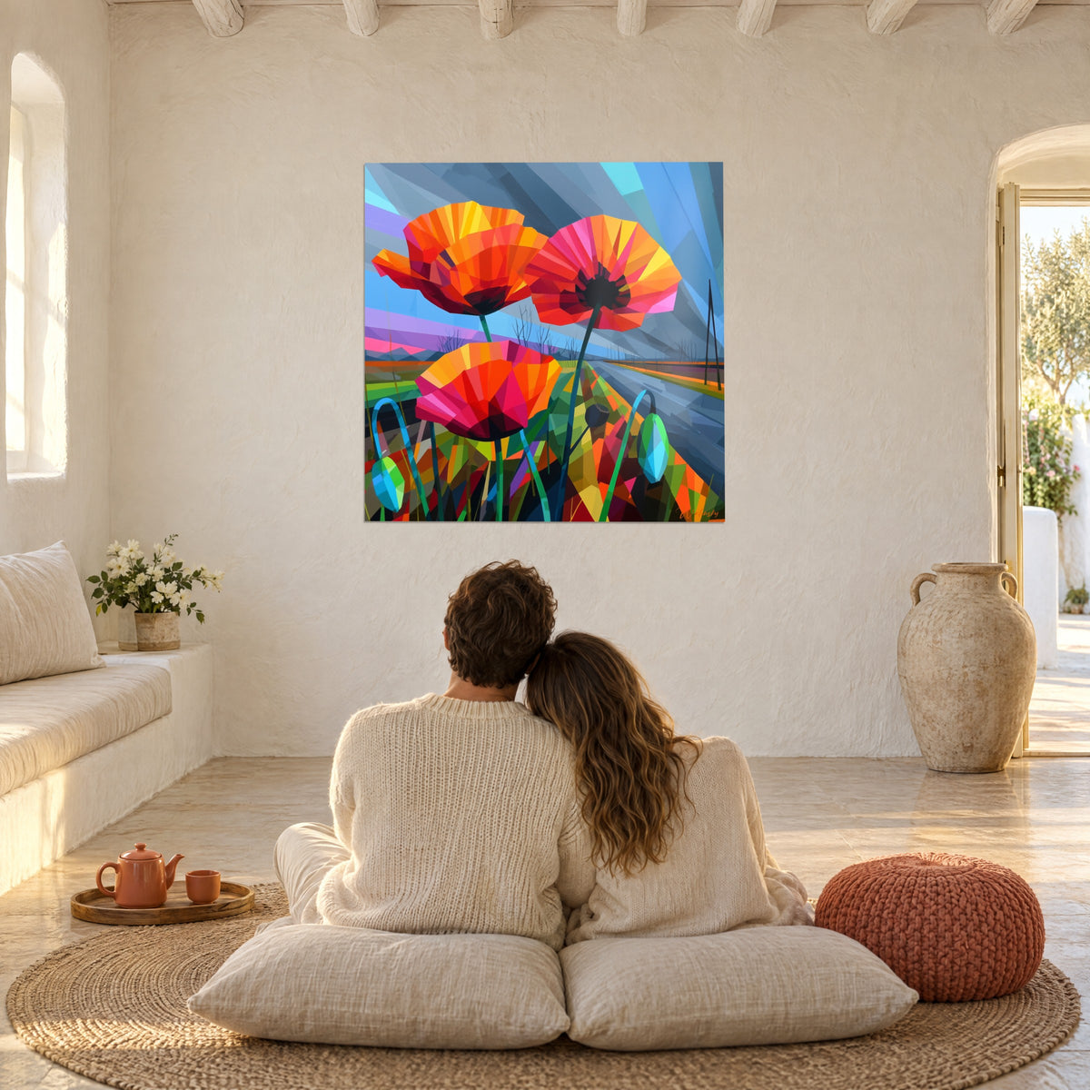 Schilderij met een trio van veelhoekige klaprozen, zwarte harten, violette en blauwe stralen, tegenover een stel zittend op kussens
