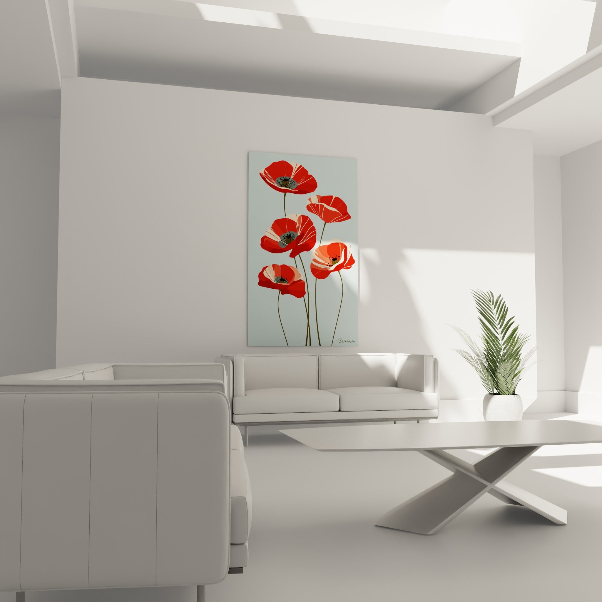 Cinq coquelicots rouges au cœur gris anthracite sur fond bleu, au-dessus d'un canapé dans un salon lumineux