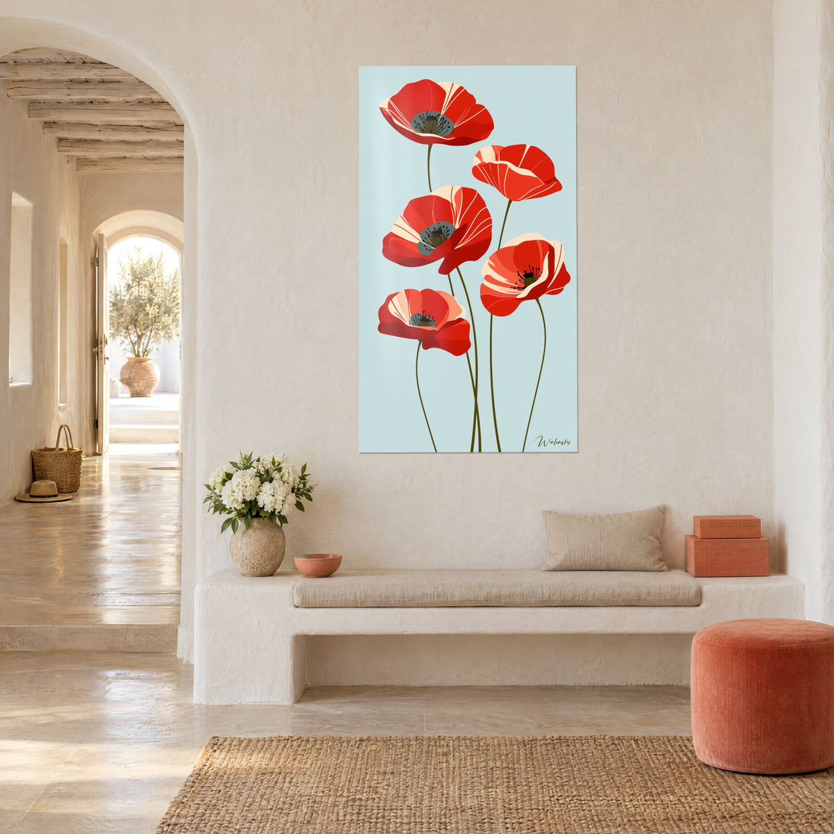 Quadro cinque papaveri rossi dai petali crema, cuori grigi e sfondo azzurro pallido, su un muro imbiancato di una casa provenzale