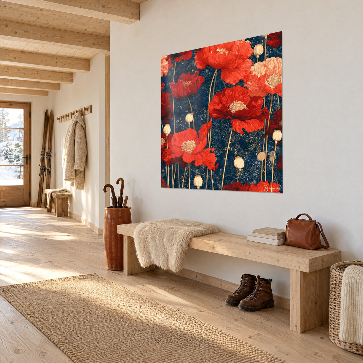Cuadro floración de amapolas bermellón sobre mosaico índigo, cápsulas marfil en tallos dorados, en la entrada de un chalet