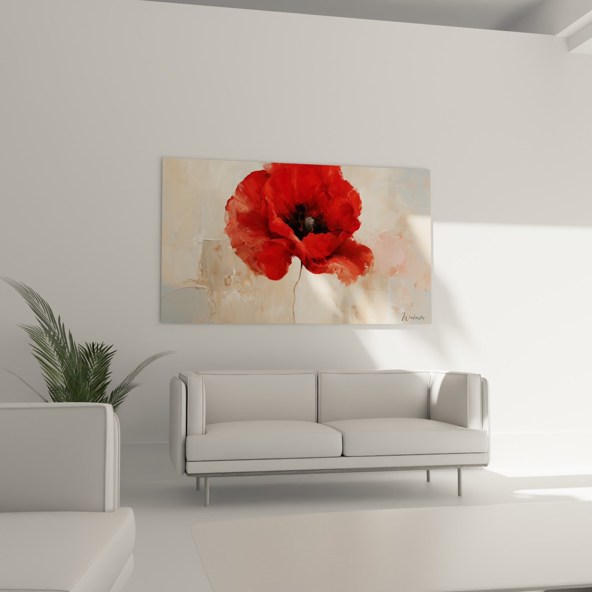 Pétales rouges denses et cœur sombre du coquelicot placés au-dessus d'un canapé dans un salon lumineux