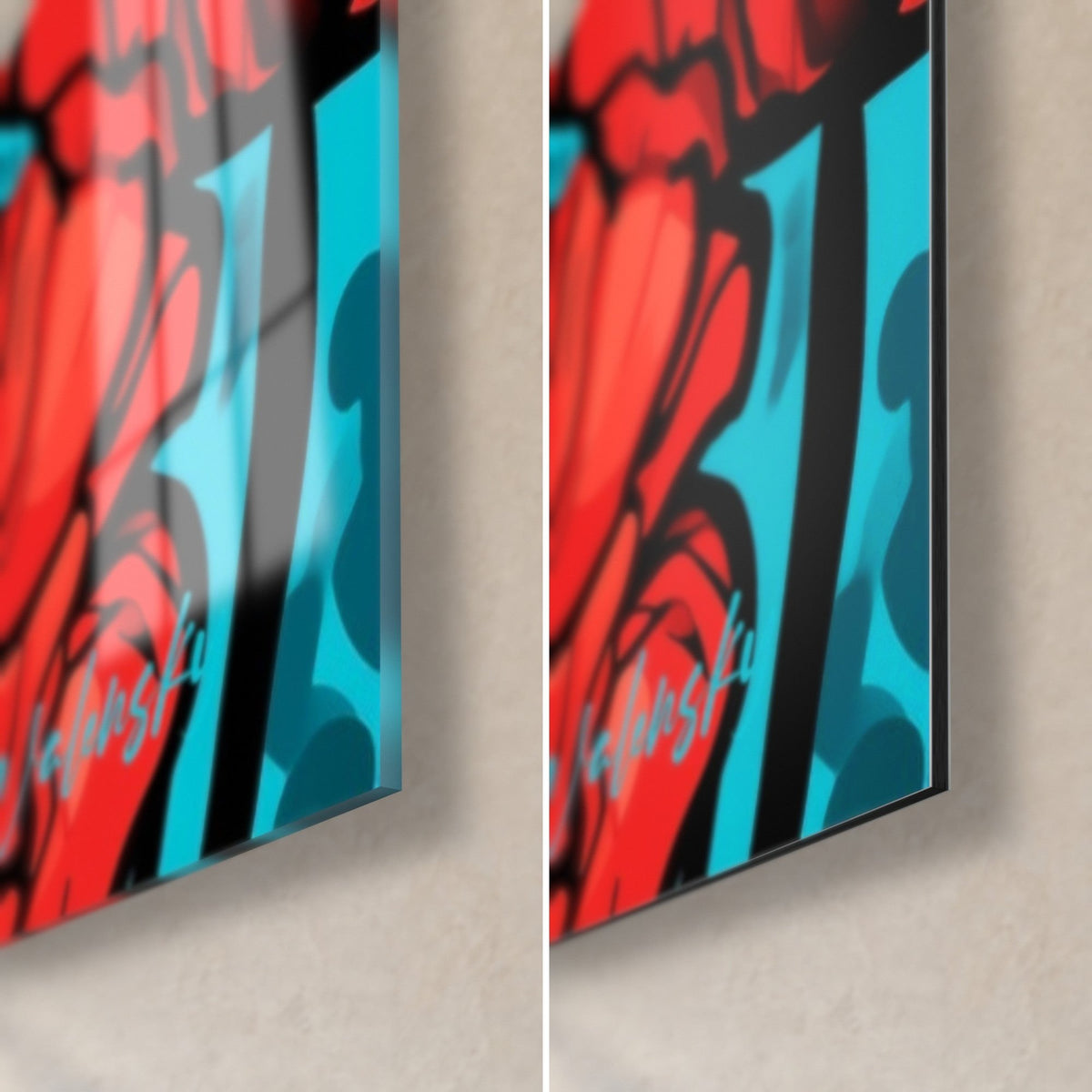 Tableau champ de coquelicots rouges, coin bas droit en verre acrylique brillant et alu Dibond mat, tranche de 3 mm turquoise