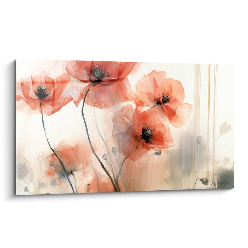 Tableau Coquelicots corail et gris aux tiges filiformes - Coulures verticales beiges - Edition Coquelicot