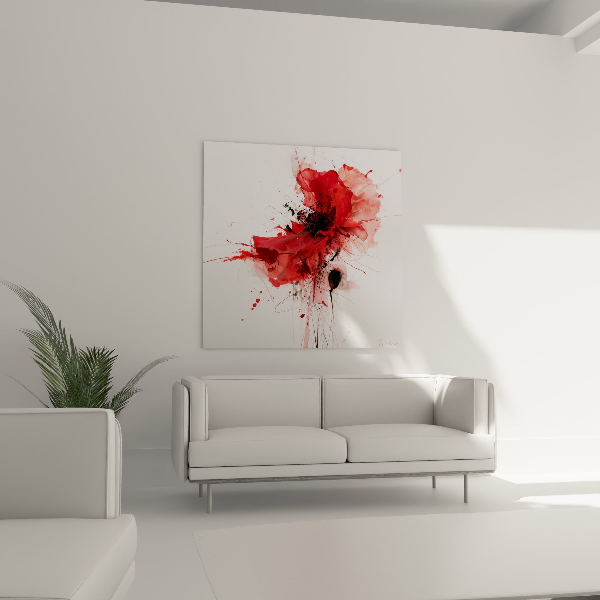 Pétales rouge corail et coulures noires en mouvement, accrochés au-dessus d'un canapé dans un salon lumineux