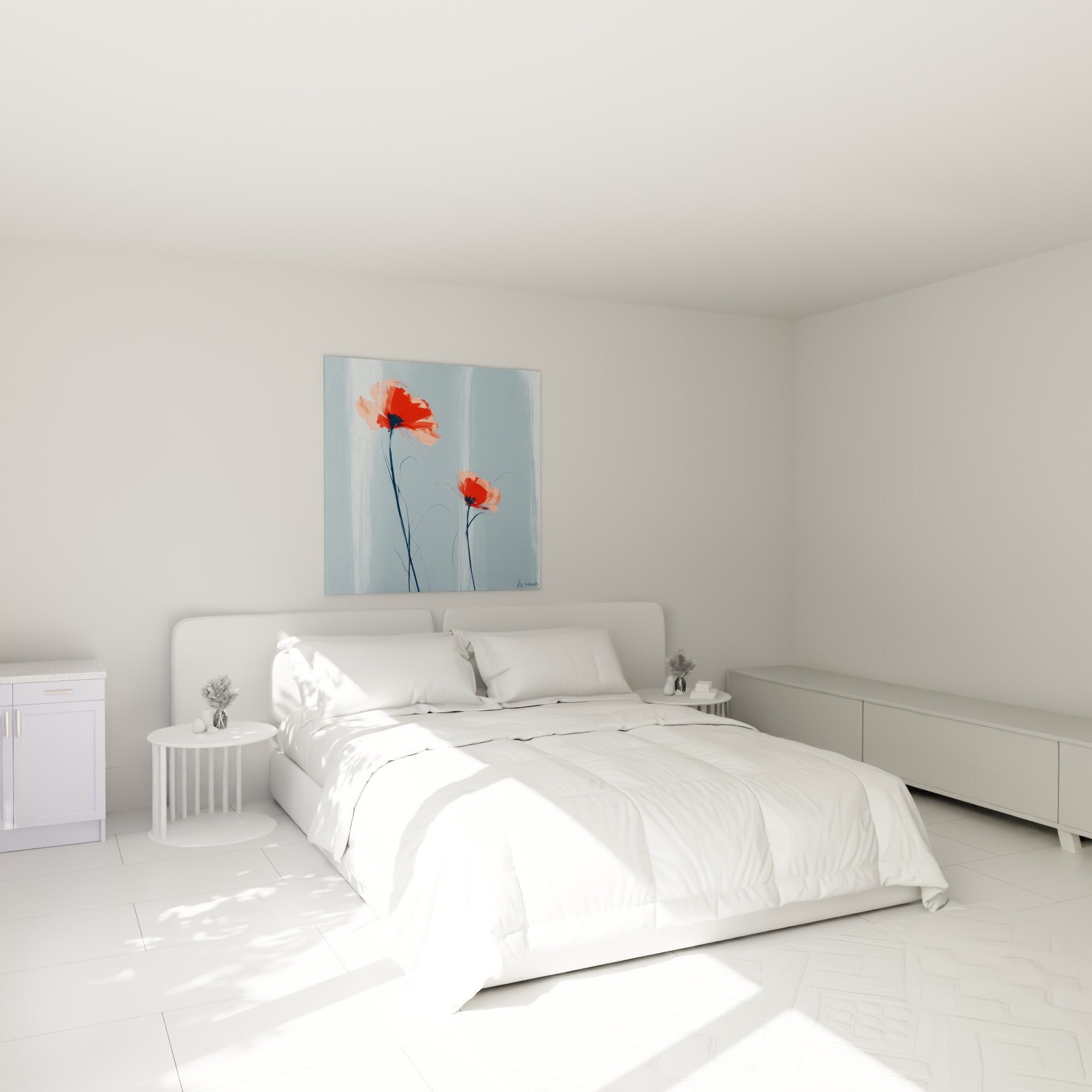 Fleurs rouges et corail aux pétales vaporeux accrochées au-dessus d'un lit dans une chambre claire