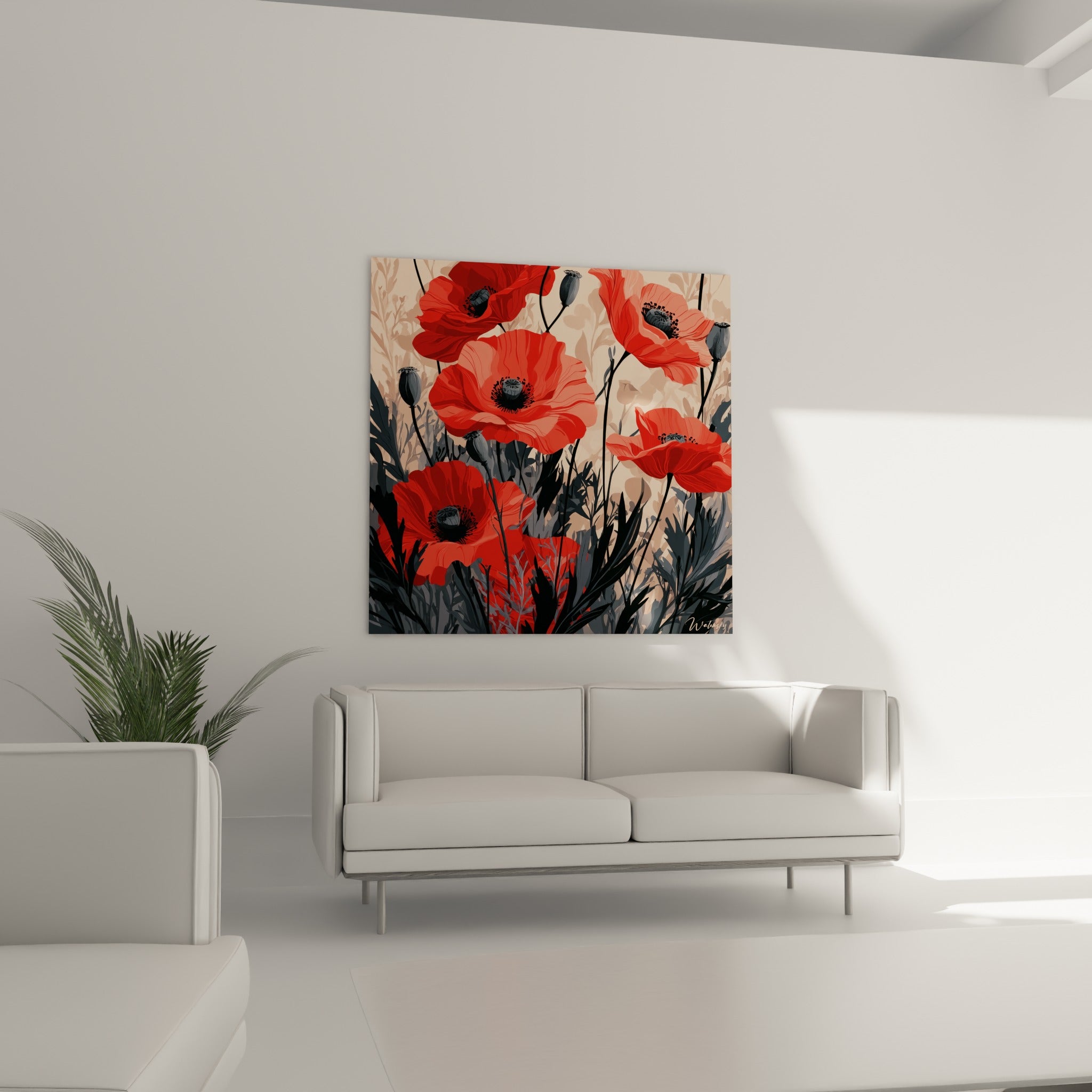 Fleurs de coquelicot corail et gris foncé disposées au-dessus d'un canapé dans un salon lumineux