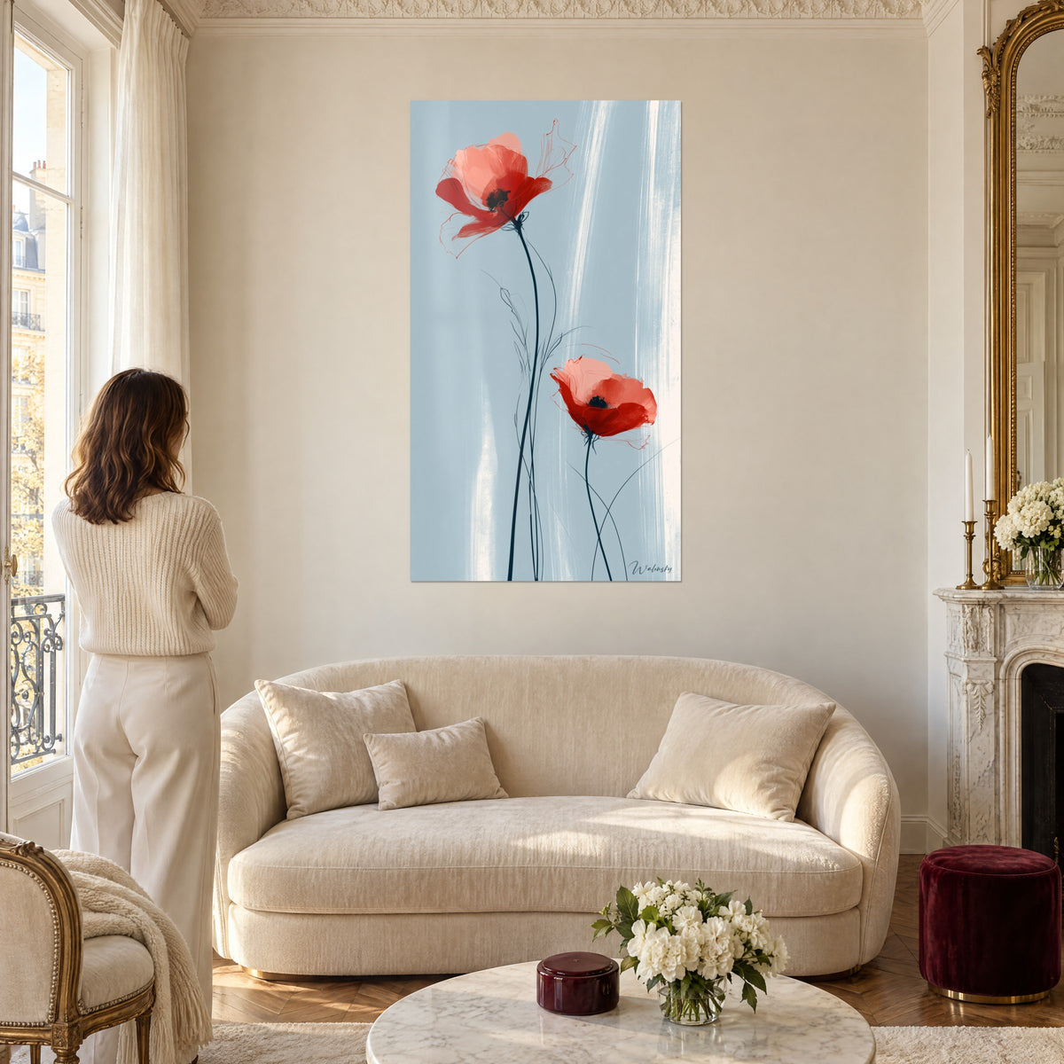 Wall art scarlet poppies on grey-blue background, fine black stems, white streaks, above a sofa in a bright living room