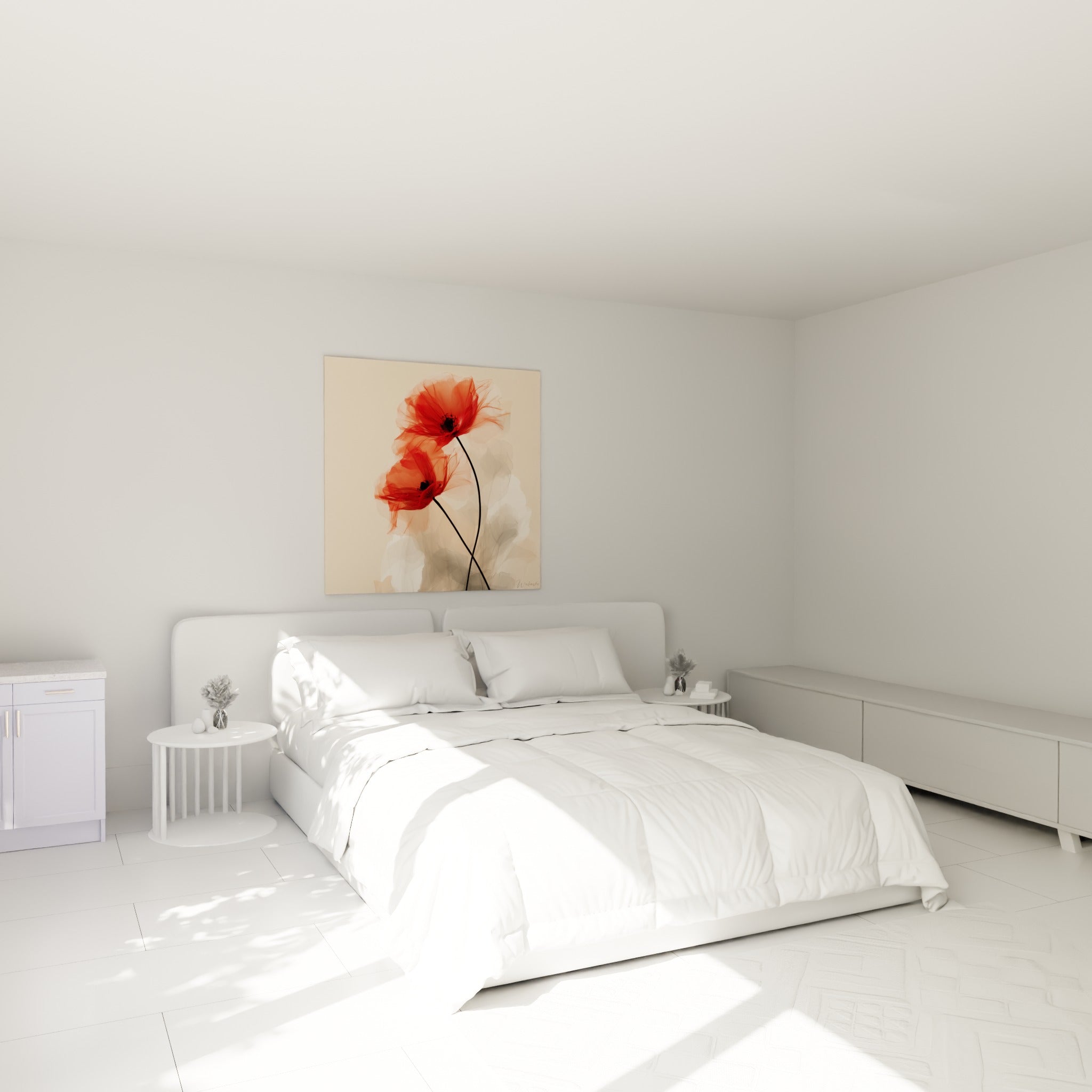 Fleurs de coquelicot rouge et corail au-dessus d'un lit dans une chambre claire
