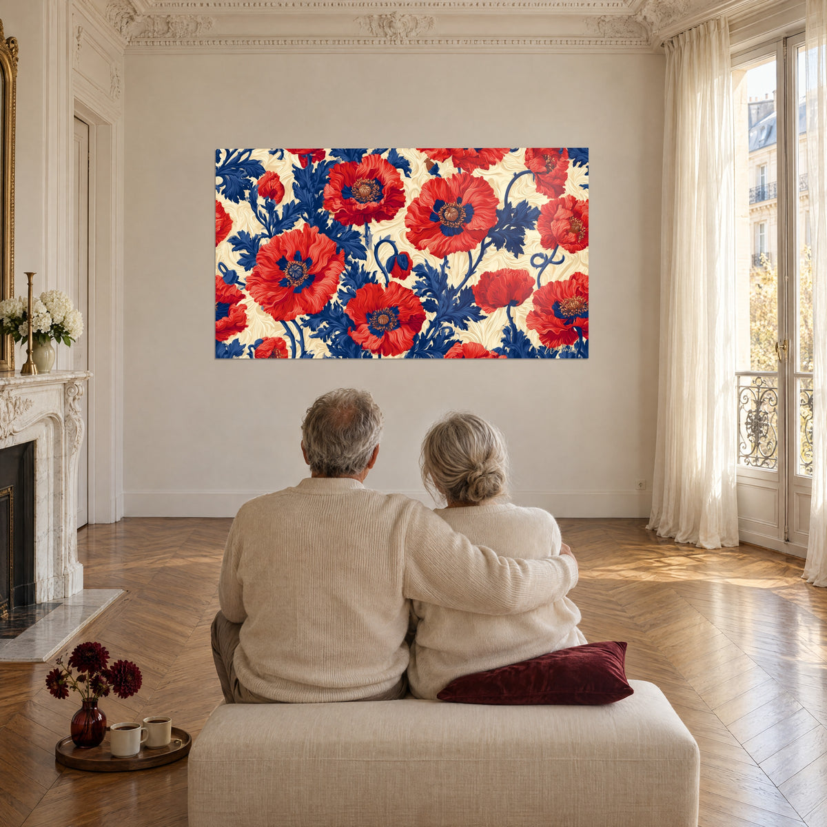 Wall art of cherry red poppy blooms and indigo branches on cream, an elderly couple seated from behind in a living room