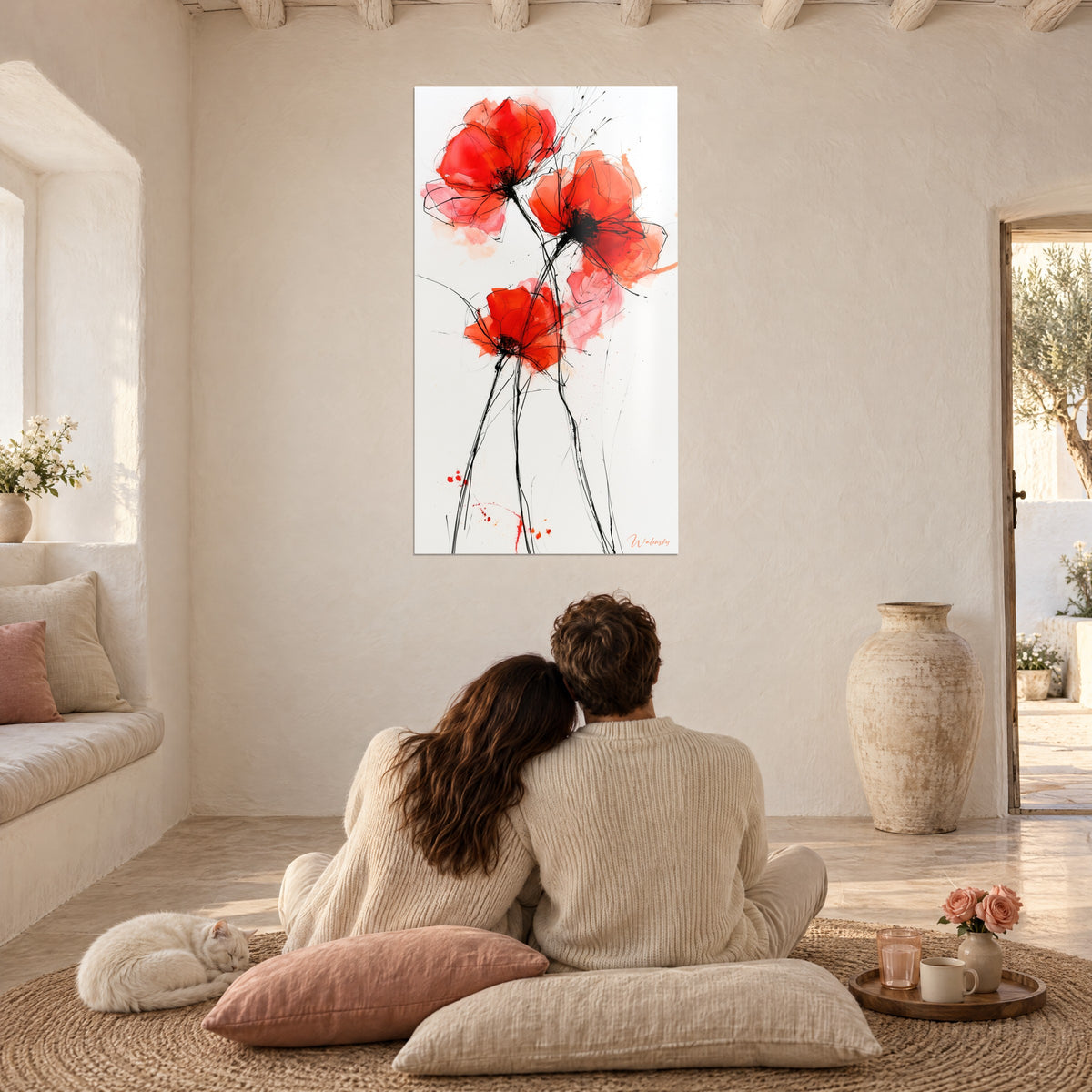 Quadro fiori di papavero rossi e rosa dagli steli neri intrecciati, coppia seduta di spalle su cuscini, gatto tranquillo accanto