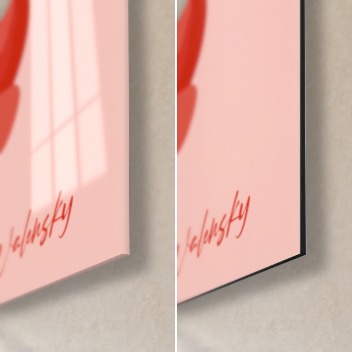 Schilderij rode klaprozen op lichtroze, rechterbenedenhoek met karmijnrode Walensky-signatuur, glanzend glas links, mat Dibond rechts