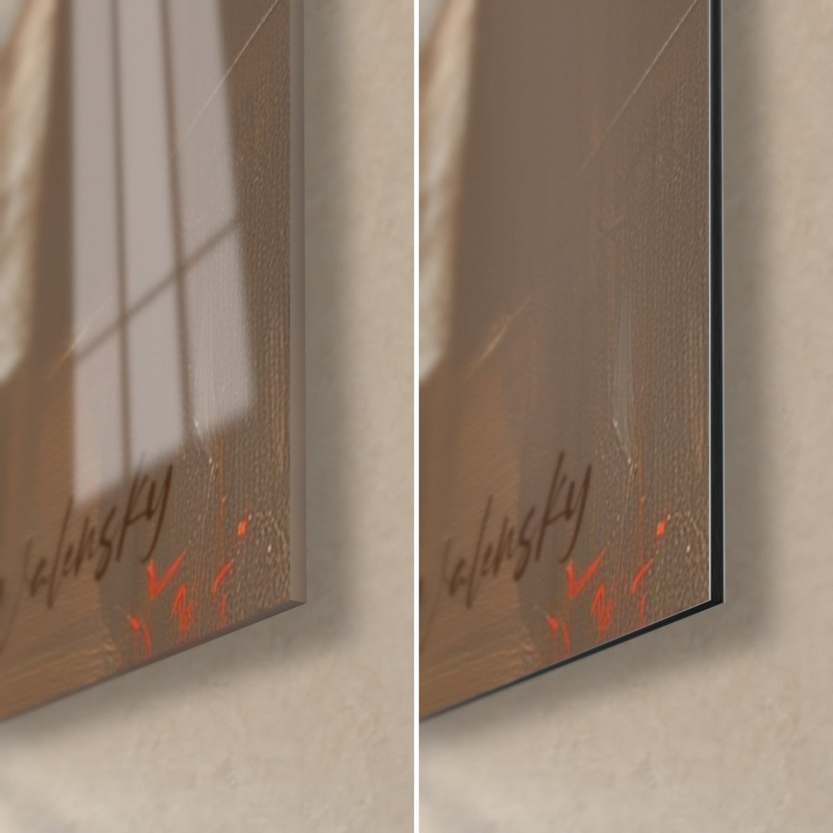 Schilderij rode bloemen met het palet geschilderd, rechtsonder op glanzend acrylglas en mat zwart Dibond, Walensky-handtekening, dikte 3 mm