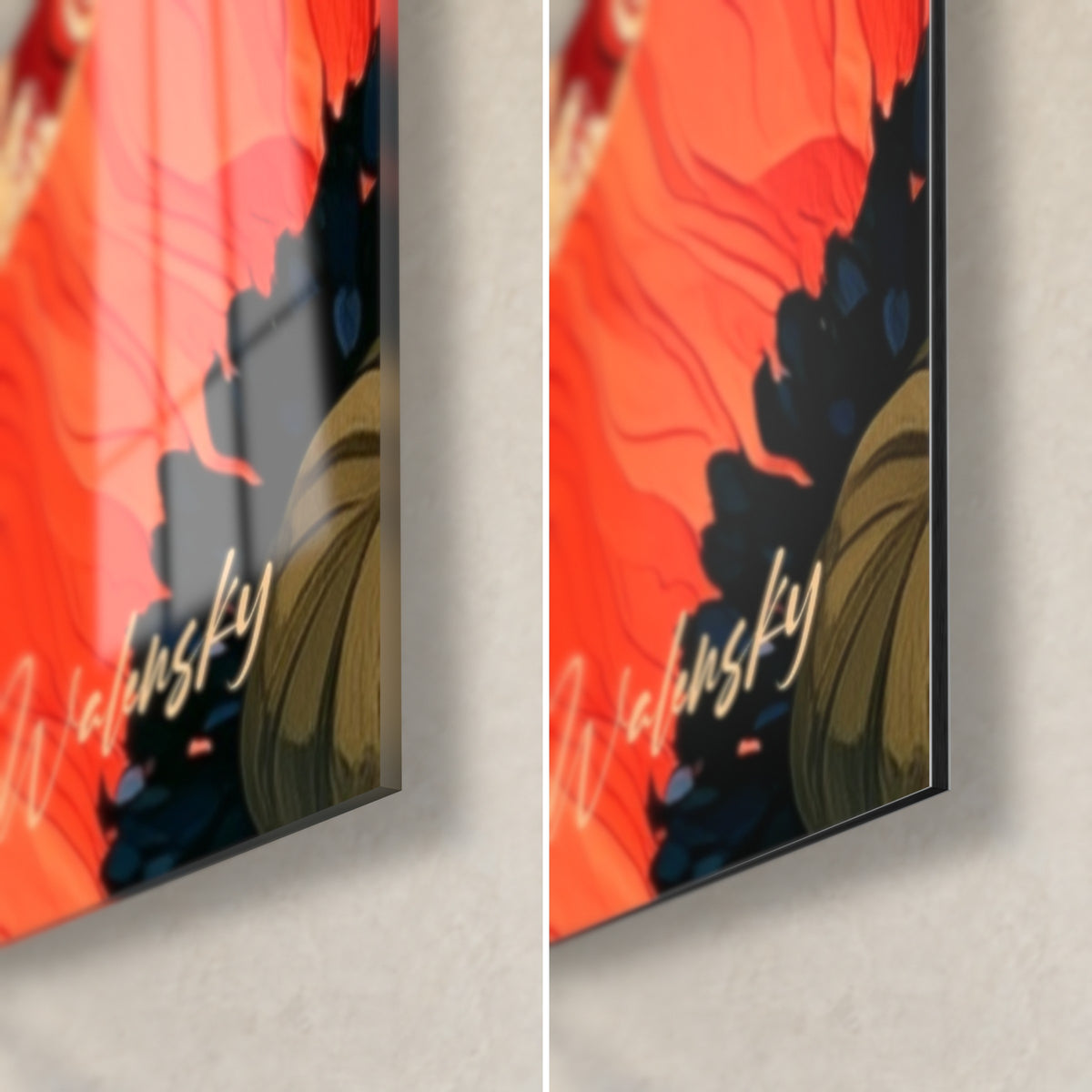 Schilderij met felrode en blauwzwarte klaprozen, rechtsonder: glanzend glas links, mat Dibond rechts, 3 mm rand, gouden signatuur