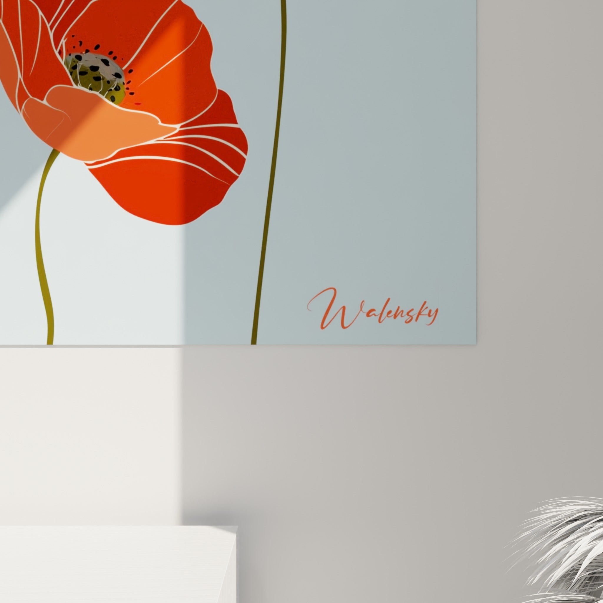Détail des pétales de coquelicot rouge et corail, traits fins et aplats de couleur sur bleu ciel