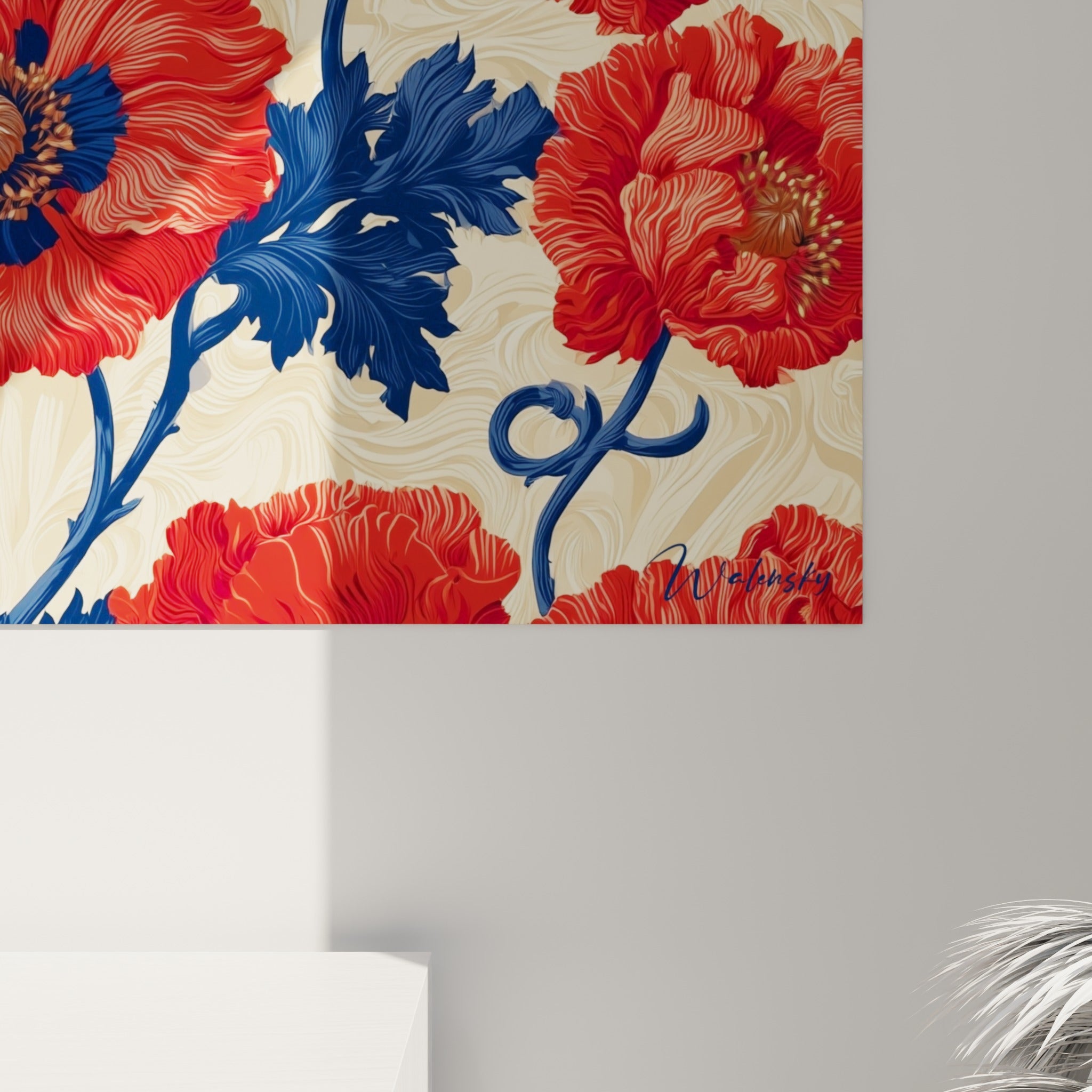 Détail des pétales rouge vermillon striés et du feuillage bleu marine, texture peinte visible sur la toile