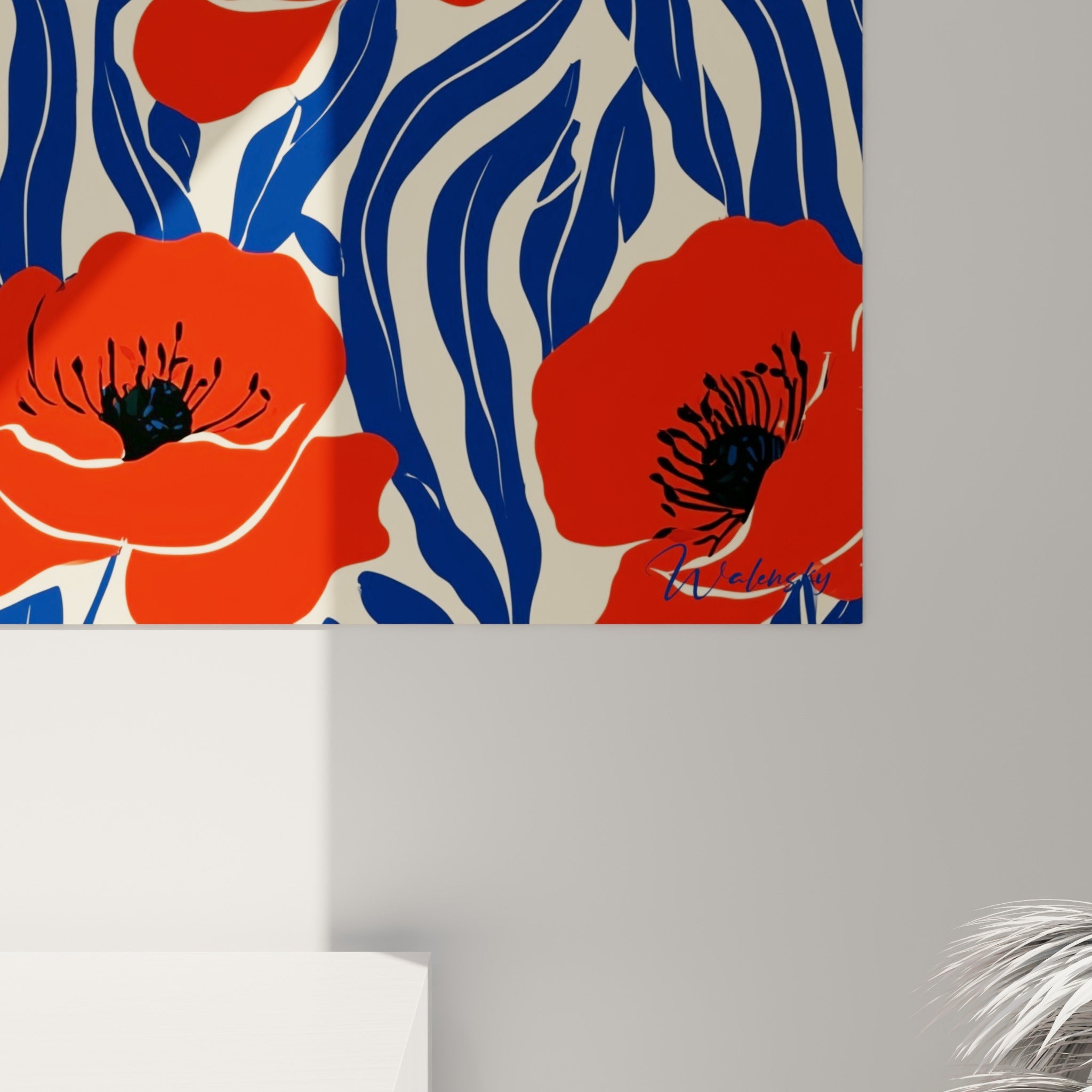 Empâtements rouges et traits bleu marine du coquelicot révélant le grain de l'impression glacée