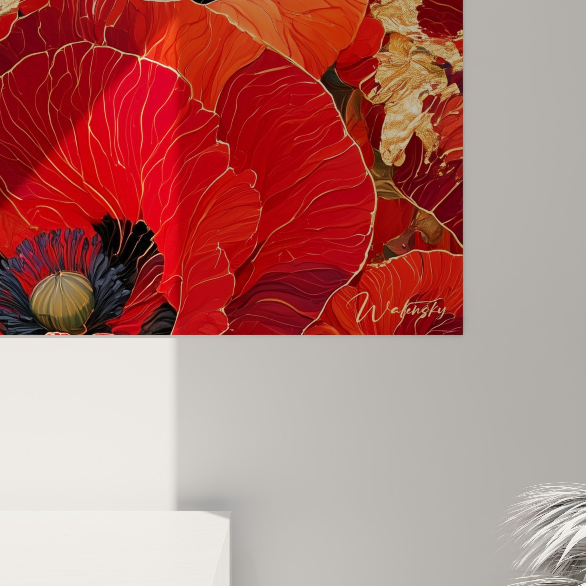 Détail des nervures dorées et du rouge écarlate des coquelicots, grain brillant et empâtements visibles
