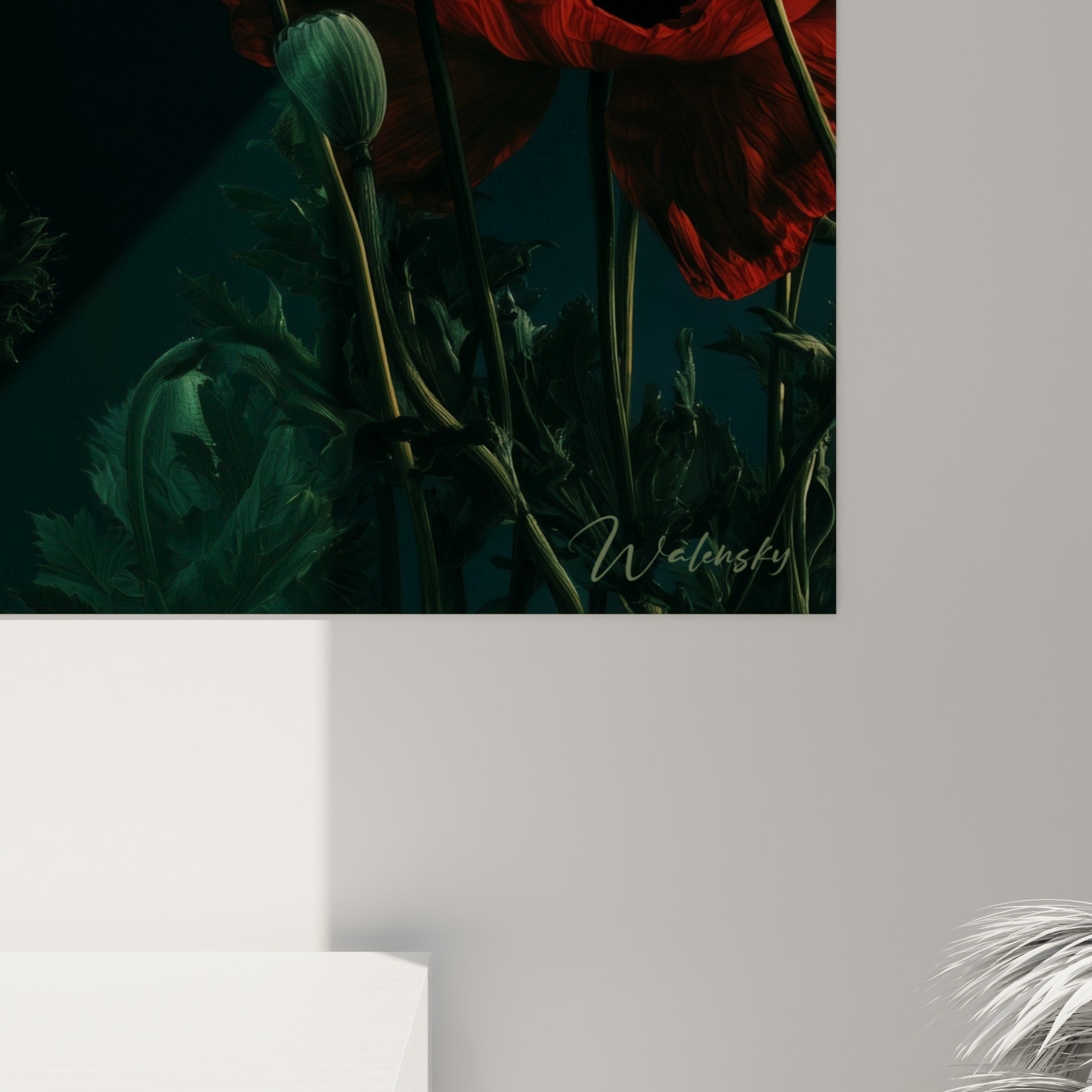 Détail des pétales rouge et orangé du coquelicot montrant grain fin et coulures de lumière sur toile
