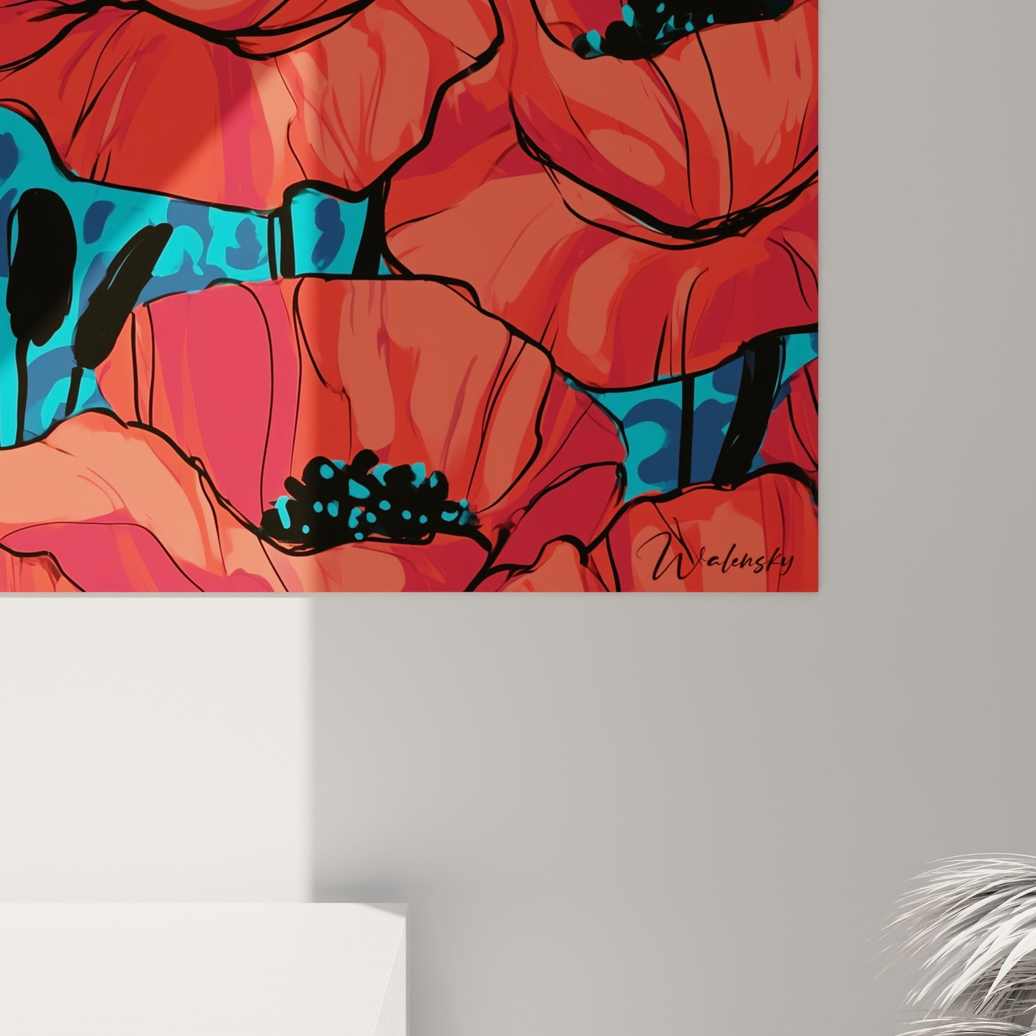 Détail des pétales rouges froissés et du fond turquoise moucheté, traits noirs épais et étamines sombres visibles