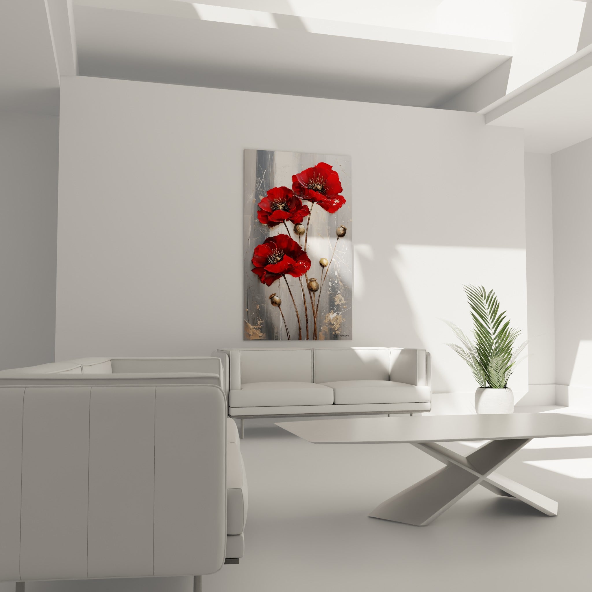 Bouquet de coquelicots rouges et capsules argentées sur fond gris clair, au-dessus d'un canapé dans un salon lumineux