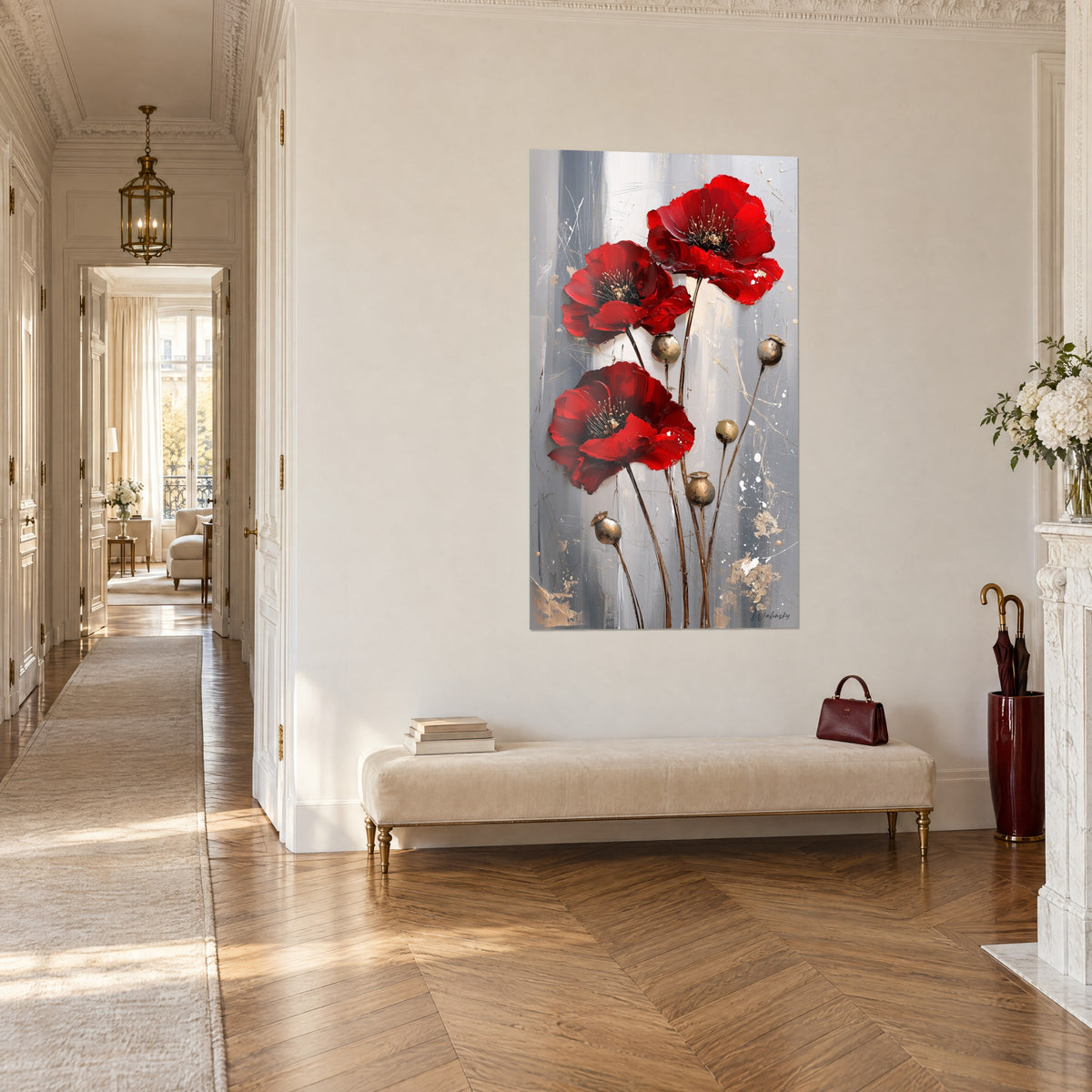 Wall art of purple poppy blooms and bronze seed pods on a textured grey background, three-quarter view in a Haussmann-style hallway