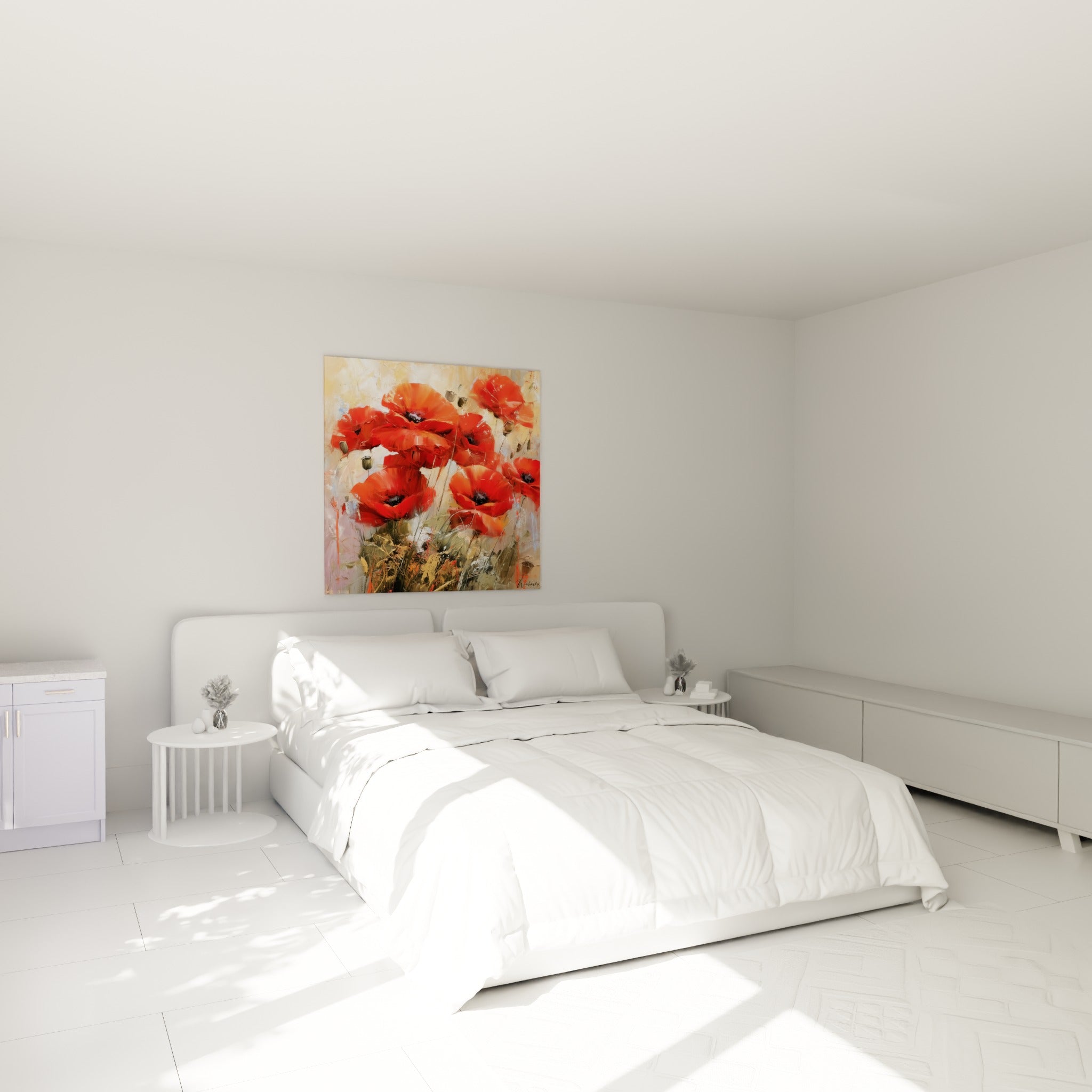 Bouquet de coquelicots rouges et dorés accroché au-dessus d'un lit dans une chambre claire