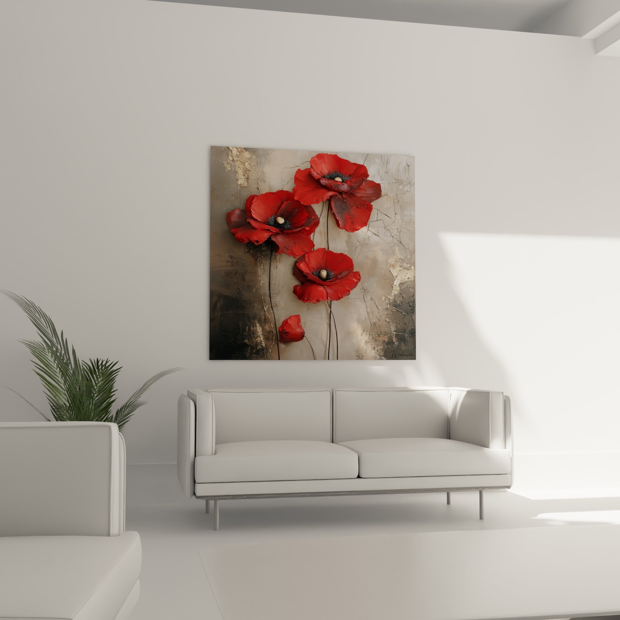Fleurs de coquelicot rouge et cœurs beiges se dressant au-dessus d'un canapé dans un salon lumineux