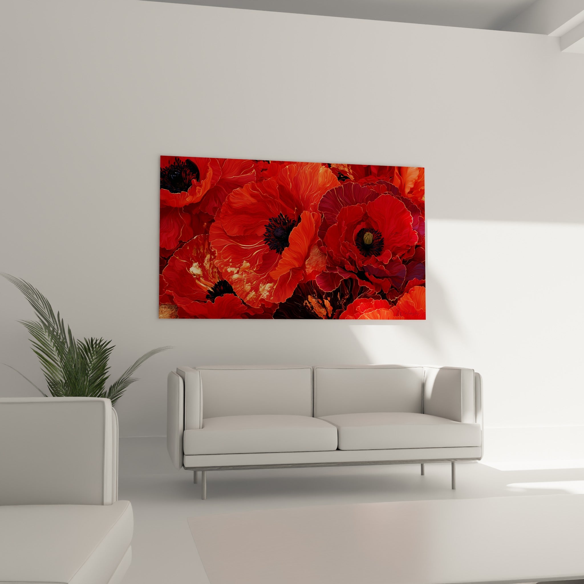 Fleurs de coquelicot écarlates et fauves aux cœurs sombres, au-dessus d'un canapé dans un salon lumineux