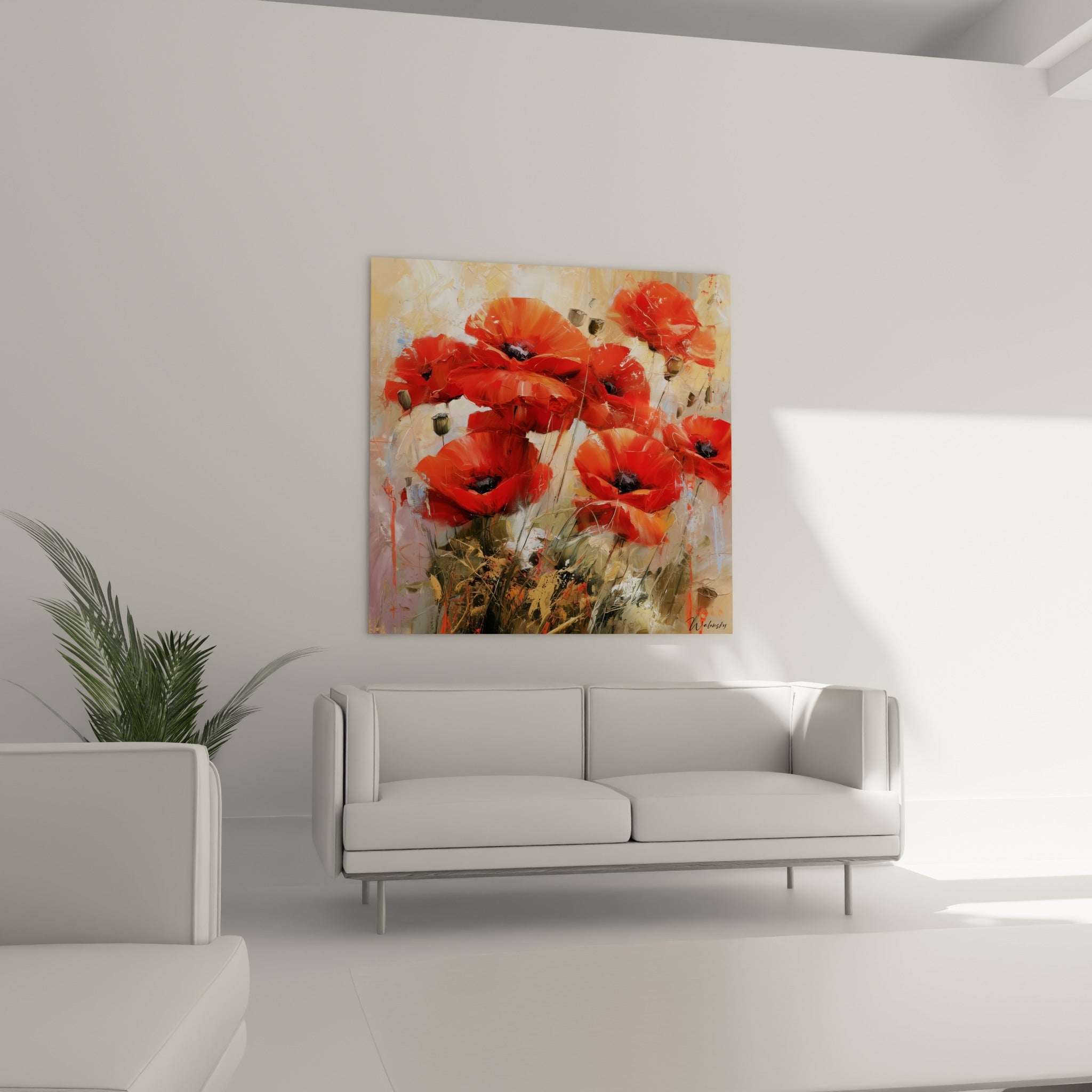 Fleurs de coquelicot écarlates et tiges vertes surplombant un canapé dans un salon lumineux