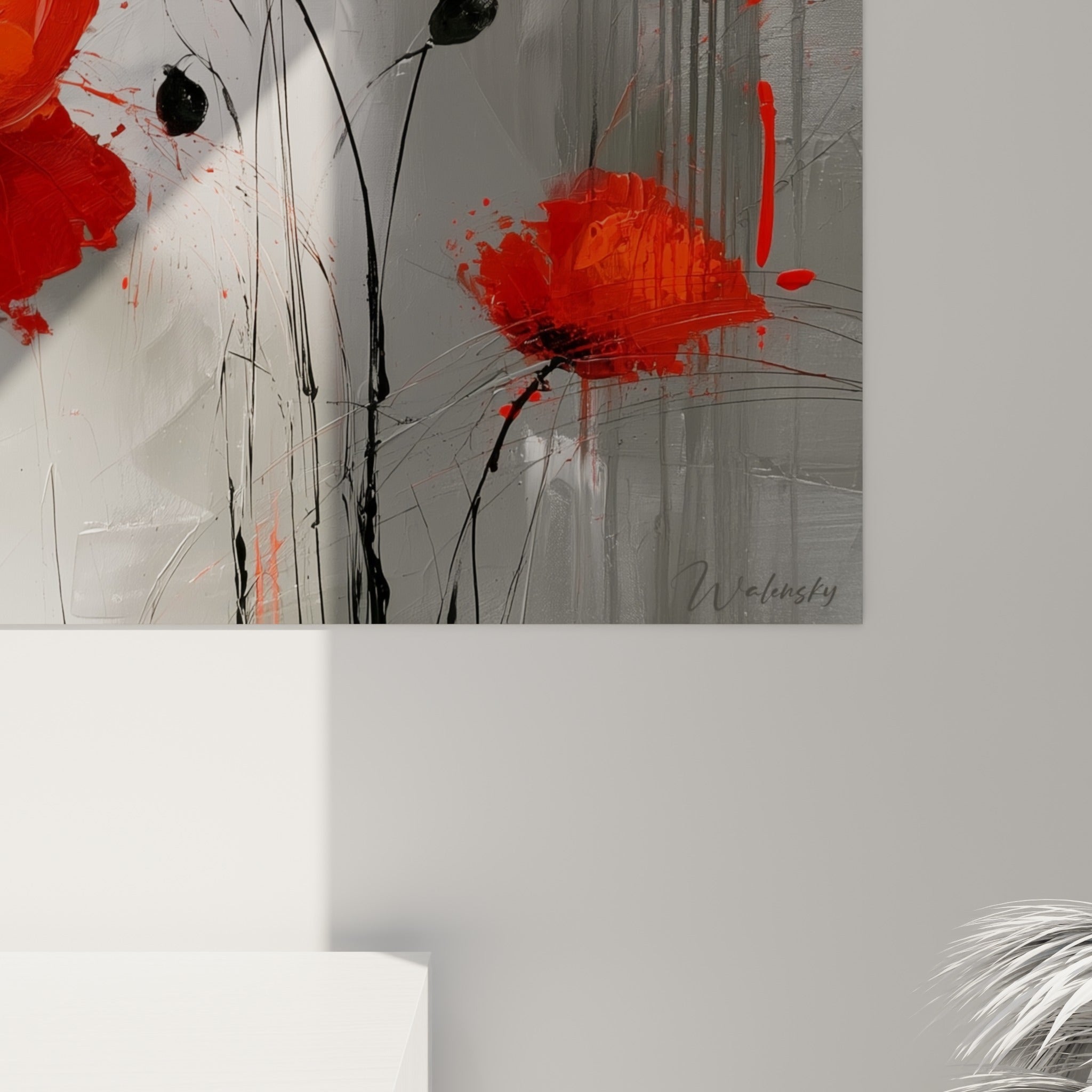 Empâtements rouges et coulures noires révélant le grain épais de la peinture au couteau