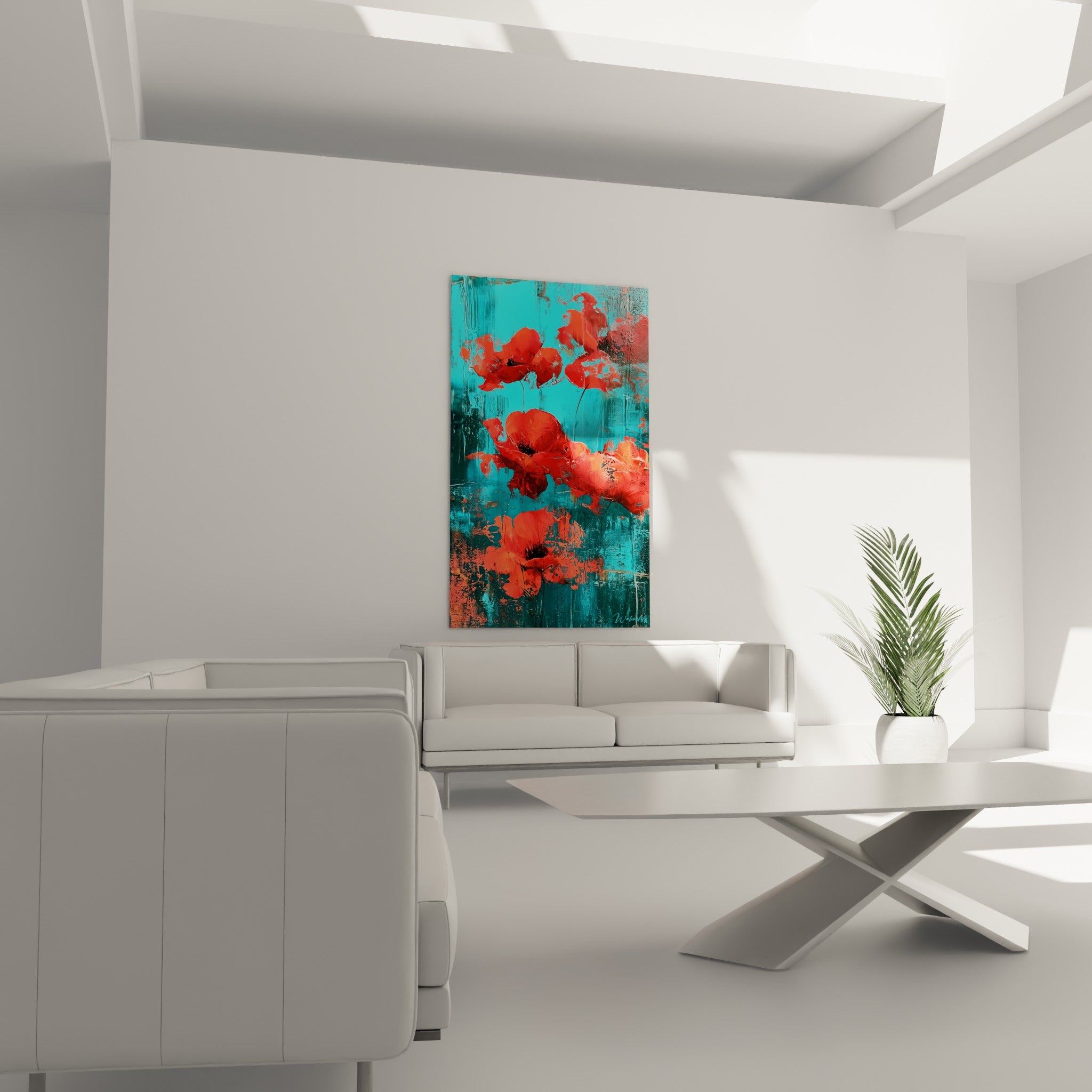 Fleurs de coquelicot rouge et bleu-vert profond, empâtements visibles, au-dessus d'un canapé dans un salon lumineux