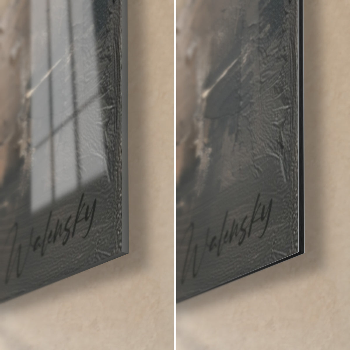 Tableau pavots rouges peints en épaisseur, coin bas droit : verre acrylique brillant à reflets et Dibond gris mat, tranche de 3 mm