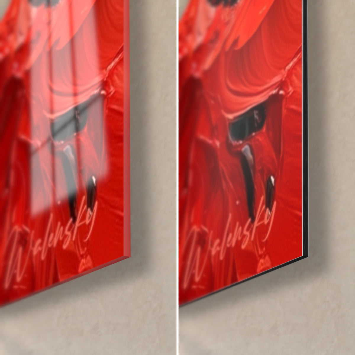 Tableau coquelicot rouge, coin bas droit : verre acrylique brillant à reflets à gauche, alu Dibond noir mat à droite, tranche de 3 mm