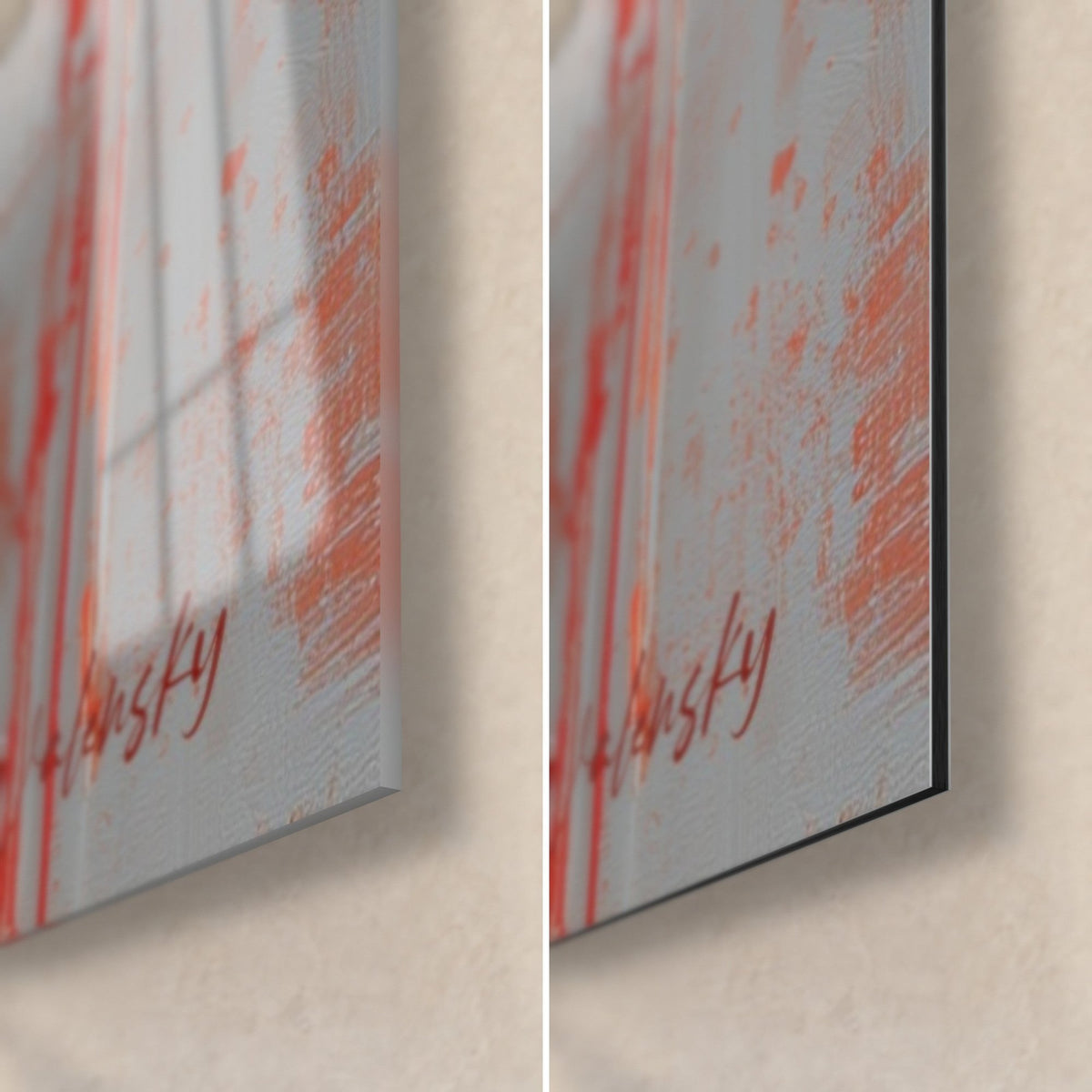 Quadro petali scarlatti, schizzi corallo e firma rossa, angolo in vetro lucido e Dibond grigio opaco, bordo nero da 3 mm