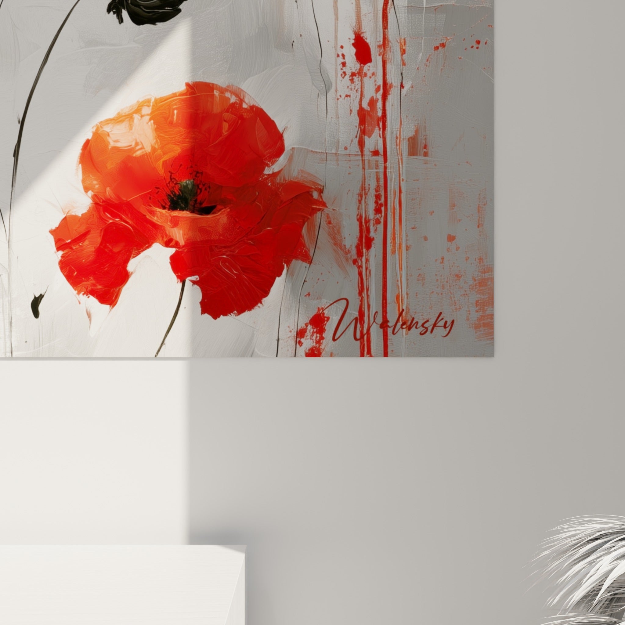 Empâtements épais de rouge vermillon et coulures orangées visibles sur la surface peinte du coquelicot
